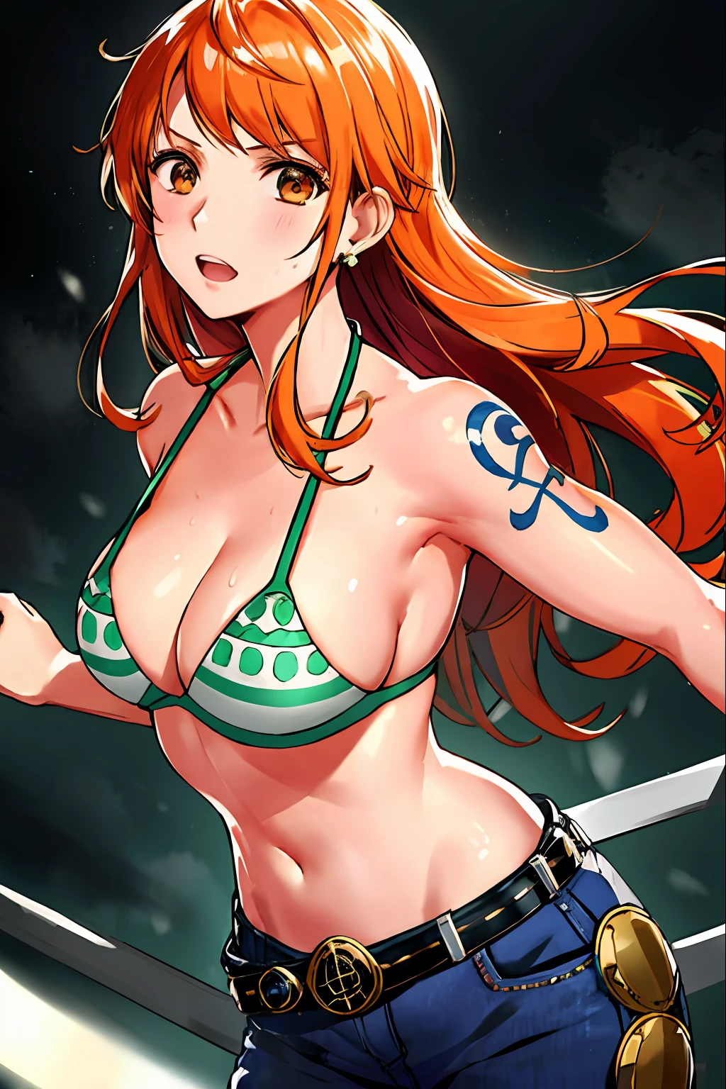 detailed background, wrestling stage, wrestling match, ((((hooking bra)))), masterpiece, 4k, (wwe:1.1), turnbuckle, (((wrestling ring robes behind))), wrestling robes, holding ring robes, leaning on turnbuckle, epic, best quality, late youth, adult, wrestler body, strong, 1girl, active, energic, (large mouth) , solo, nami \(one piece\), 1girl, bangle, (very wet, drenched in sweat, sweat all over body, very wet hair, tired, open mouth, exhausted, shouting, sweaty face, sweaty body, sweating too much, shiny sweat, leaning, serious, glaring, open eyes, perfect detailed face, round face, sweat on face) bold drawing lines, muscular arms, detailed bold arm lines, flat jaw, adult woman, wavy wide streaked bangs, floating bang, (big cheeks), bare shoulders, belt, bikini, bikini top only, bracelet, springy breasts, breast lines, big round eyes, very big brown shiny eyes, high eye position, cleavage, denim, earrings, floating hair, shiny hair, green belt, green bikini, bold groin lines, jeans, jewelry, medium breasts, log pose, long hair, looking at viewer, big navel, wet hair, orange hair, pants, shoulder tattoo, sidelocks, solo, standing, stomach, swimsuit, tattoo, looking at viewer, open mouth, detailed left arm, big forehead, hourglass figure, small head, toned body, wide hair, wind effect, narrow small ears angle, older, side shot,
