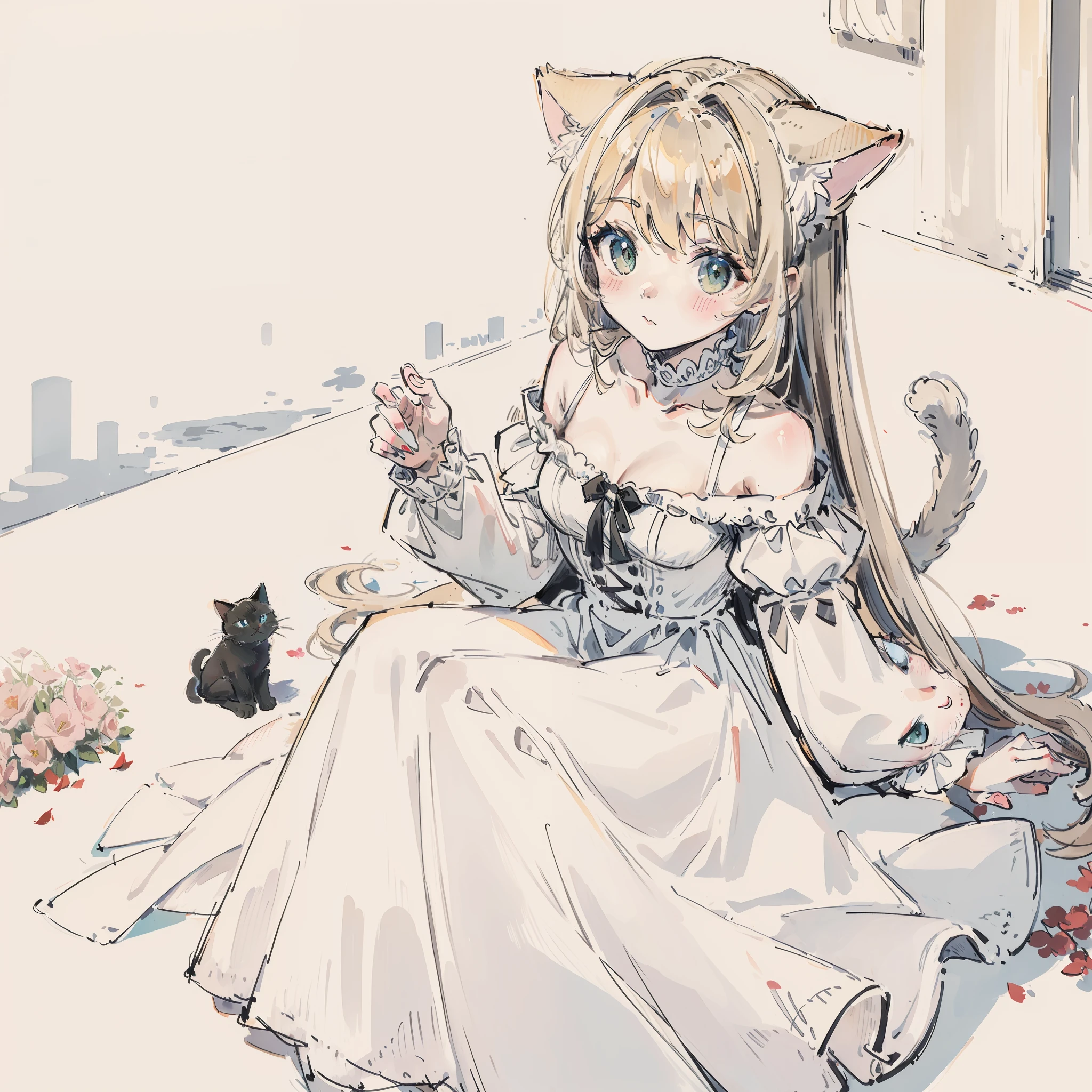 ((Best quality1.2))、((masterpiece))、((White Dress))、((Take a cute cat 1.5))、
