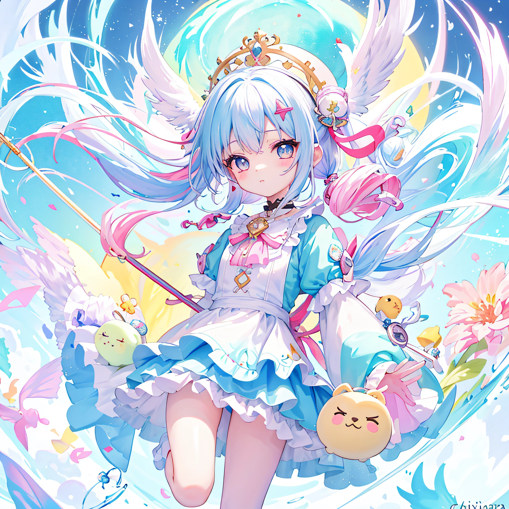 ((a sticker:1.5))), ((Chibi Character)), (white backgrounid), fluffly, girl with, Sorcerer's costume, full body Esbian, Pastel Hair, Pastel colors hair, fairytale, T-shirt design, tmasterpiece, best qualtiy,Shining eyes、cute little!!Chibi!!!,(Chibikyara)