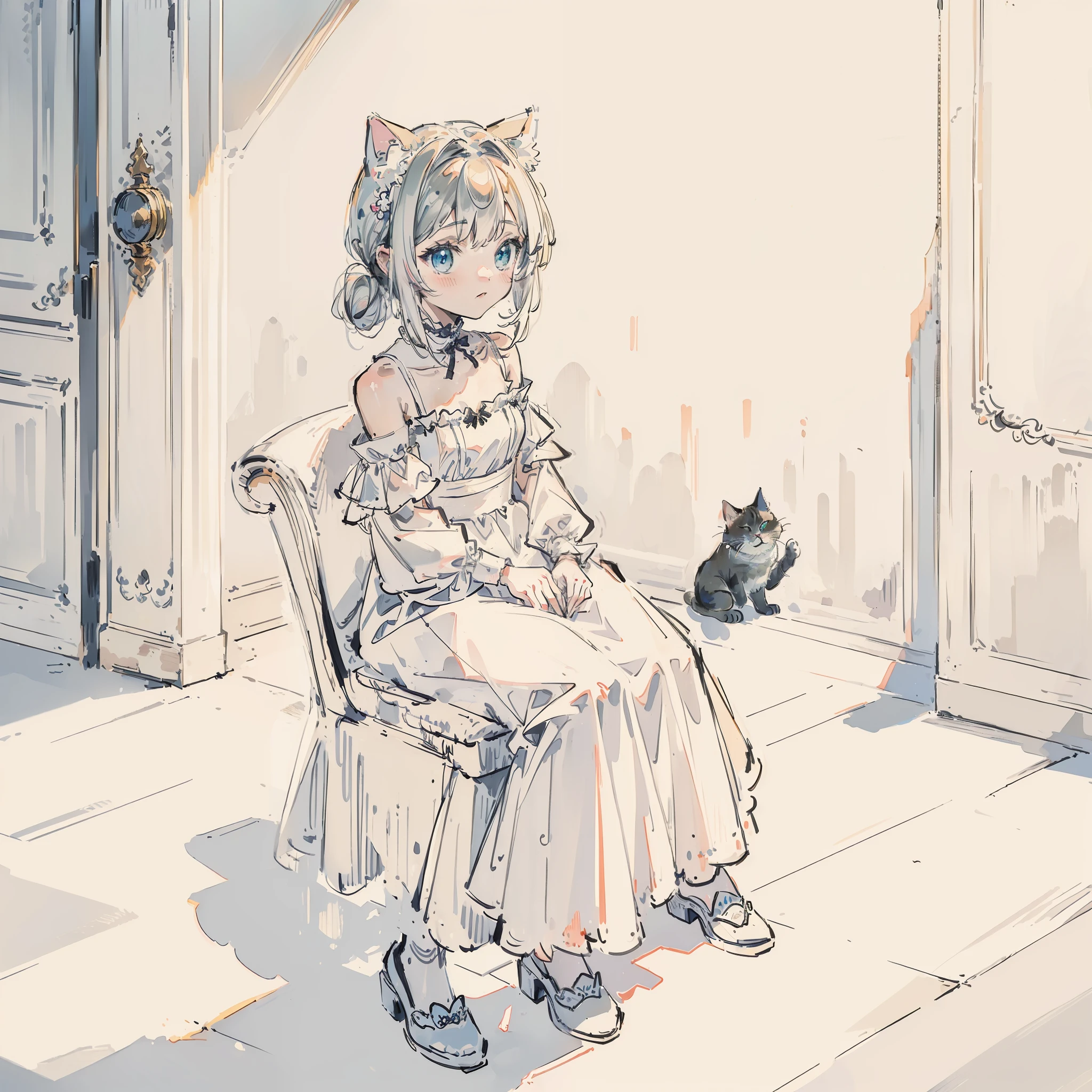 ((Best quality1.2))、((masterpiece))、((White Dress))、((Take a cute cat 1.5))、