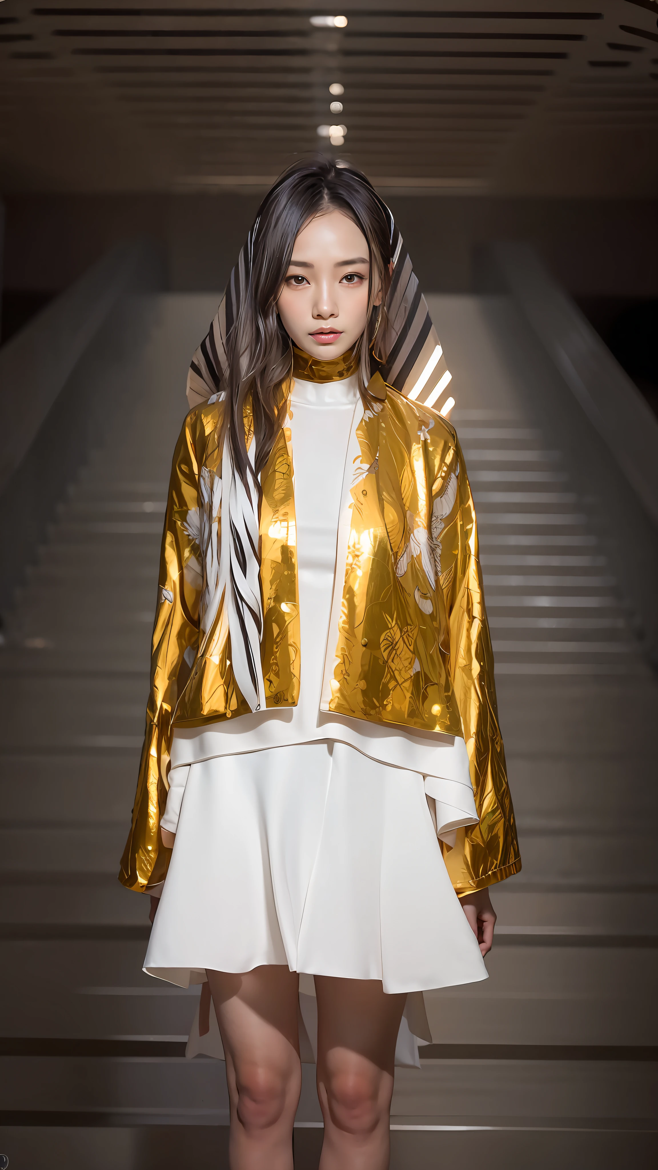 A woman in a white dress and a brown and white jacket, inspired by Gao Cen, eiko ishioka, Inspired by Gao Qipei, Zhang Jingna, author：Li Zai, mingchen shen, xue han, Wu Liu, wenfei ye, Hana Alyssa Omar, wei wang, Chen Zezhou, author：Gozen, inspired by Gao Fenghan, Lu Ji