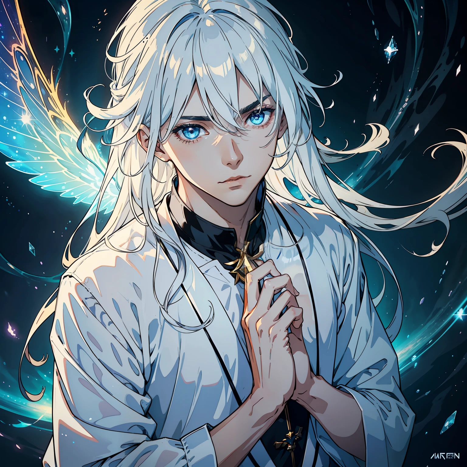 1pc(The male:1.3)，Handsome，Close-up，Upper body photo，magestic，Occult magic，light white hair，long whitr hair，white  clothes，amarelo，white colors，red colour，black in color，flowy，Immortal costume，adornado y fluido，Celestial，Immortals，blue colored eyes，The face is grim，Clear eyes，(had his hands folded:1.3)，fantasy，The background is complex and gorgeous，Rich in color，Fairy air fluttering，Bust photo，Close-up shot