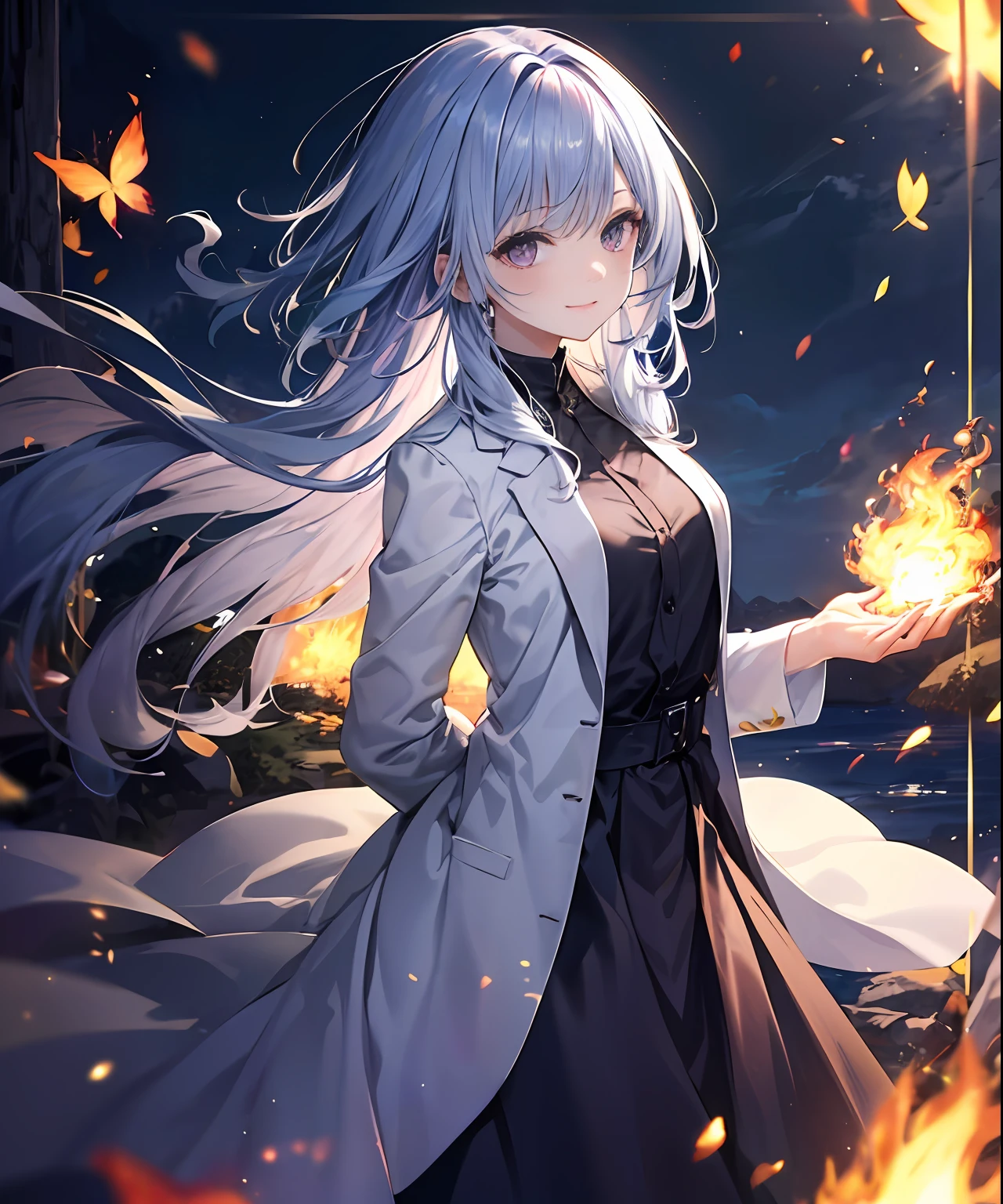 (​masterpiece、top-quality)、frontage、独奏、1girl in、is standing、Hands folded behind your back、amidst nature、A smile、The long-haired、Light purple hair、Hair flutters in the wind、with light glowing、Windy、Adult、Flames flutter