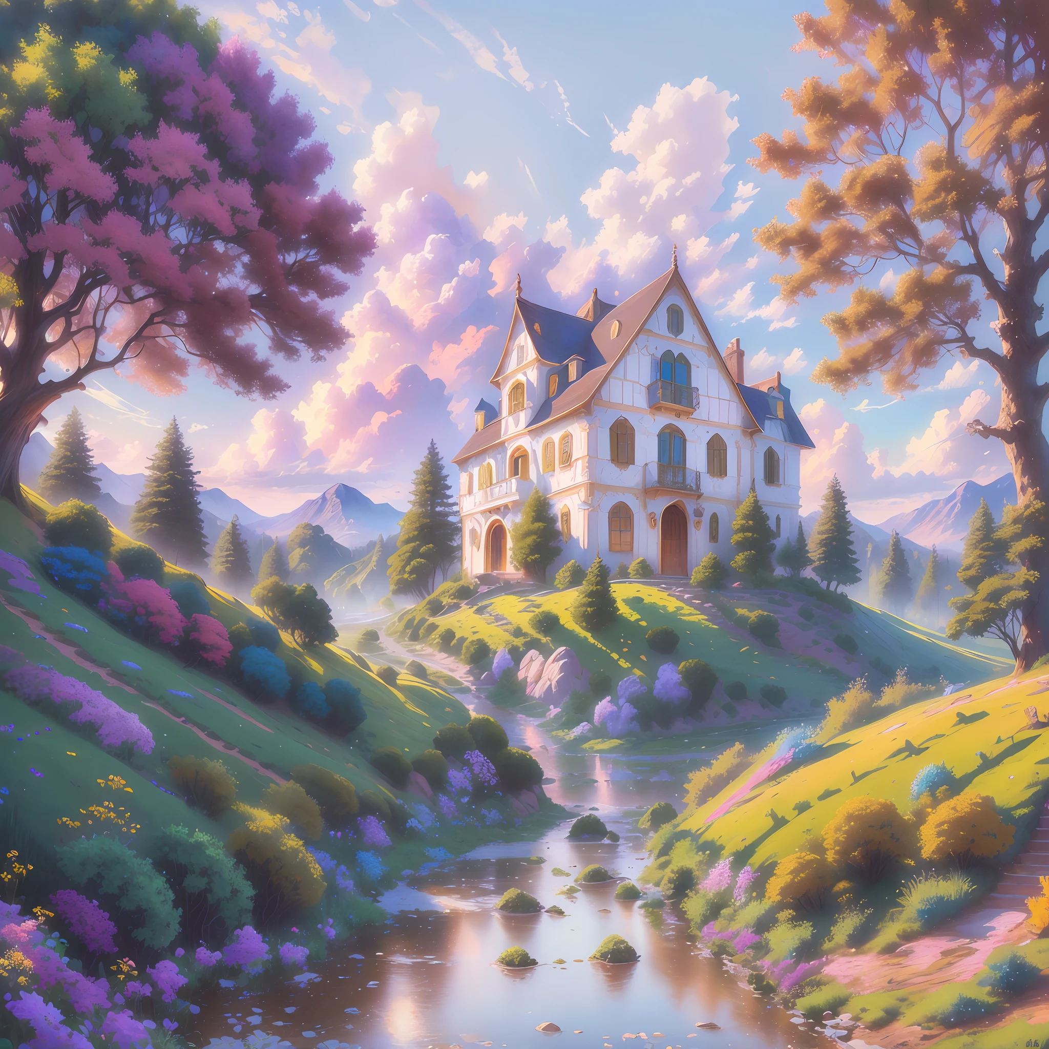 Una pintura de una casa en una colina con un arroyo que la atraviesa, inspirado por Evgeny Lushpin, Pintura detallada 4 K, magical realism style, Casa en una colina, por Alexander Kucharsky, whimsical fantasy landscape art, Por Justin Gerard, Arte detallado de alta calidad 8K, detailed scenery —width 672, Arte digital 4K altamente detallado