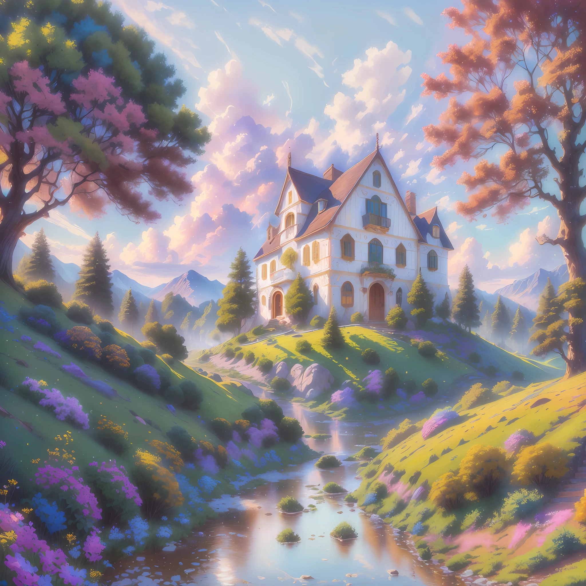 Una pintura de una casa en una colina con un arroyo que la atraviesa, inspirado por Evgeny Lushpin, Pintura detallada 4 K, magical realism style, Casa en una colina, por Alexander Kucharsky, whimsical fantasy landscape art, Por Justin Gerard, Arte detallado de alta calidad 8K, detailed scenery —width 672, Arte digital 4K altamente detallado