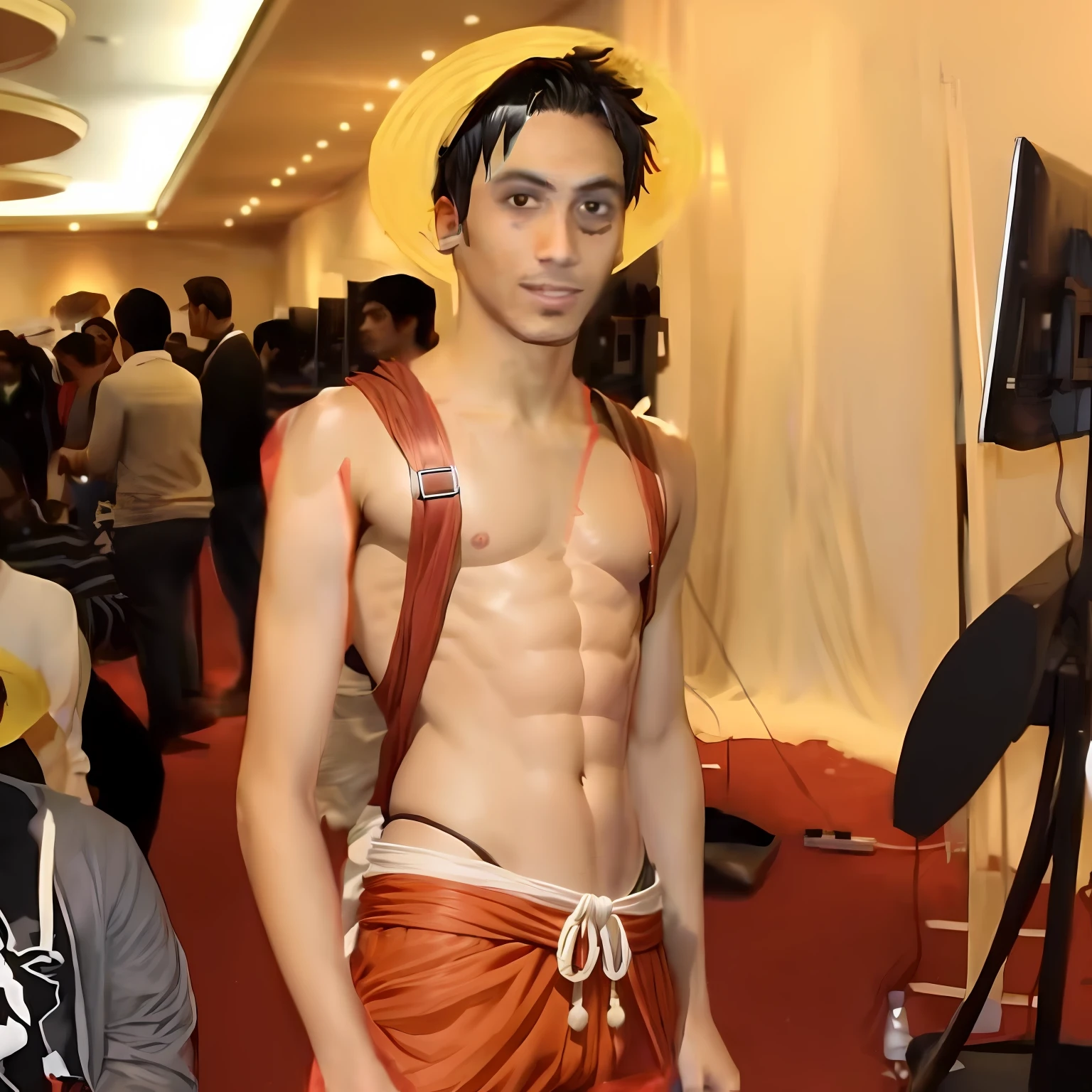 Replace hair with white hair like Luffy in gear 5 from One Piece, replace outfit with Luffy in Gear 5 from One Piece outfit
