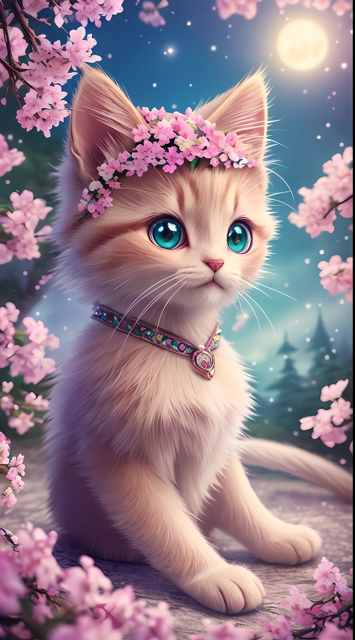 side view, oversaturate, colorfully, Fairytale, dreamlike, Cinematic character render, oil painting, 3D, 8k resolution, sequins, glitter, sakura forest, moonlight, Close up Portrait adorable chibi kawaii anthropomorphic kitten king, Detailed eyes, large round reflective eyes,
