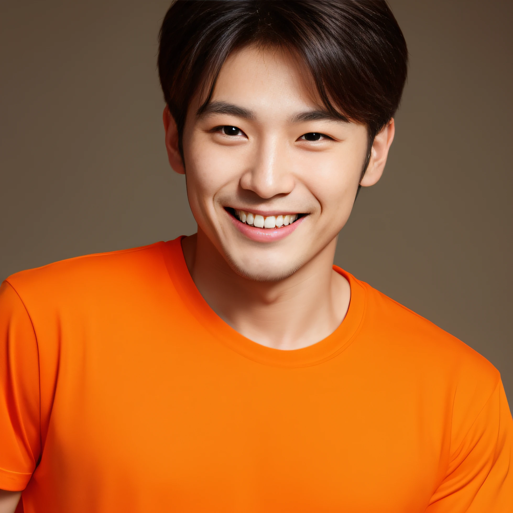 south korean male, headshot profile picture, cute slightly , asian male, high quality portrait, smiling male, headshot photo, (((wearing a orange t-shirt)))