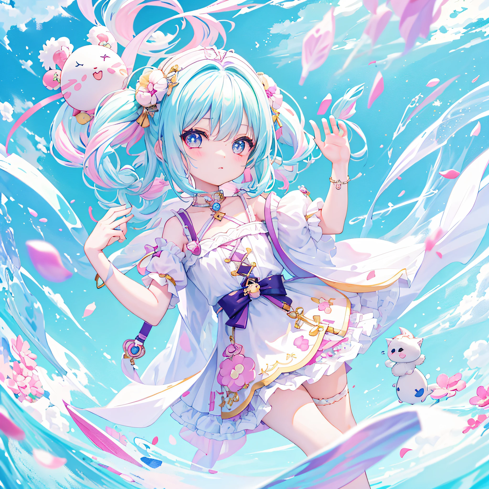 （（a sticker：1.5）））， （（Chibi Character））， （white backgrounid）， fluffly， girl with， Sorcerer's costume，  full body Esbian， Pastel Hair， Pastel colors hair， fairytale，  T-shirt design， tmasterpiece， best qualtiy，Shining eyes、cute little!!Chibi!!!,（Chibikyara）