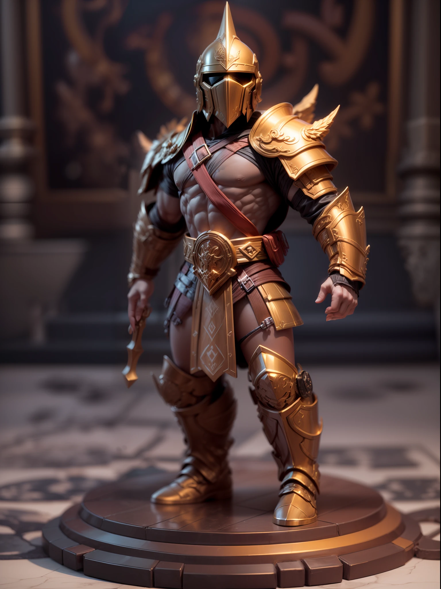 (Blind box toy style:1.2), (Full body shot) , (1 plastic Barbarian)((solo)) Plastic armor，Plastic opaque helmet, Baroque style, dreamy glow, Clean background,black and copper style，(circular base） ( Global illumination, Ray traching, hdr, unreal render,reasonable design, high detal, Masterpiece, Best quality, hyper HD, Cinematic lighting)