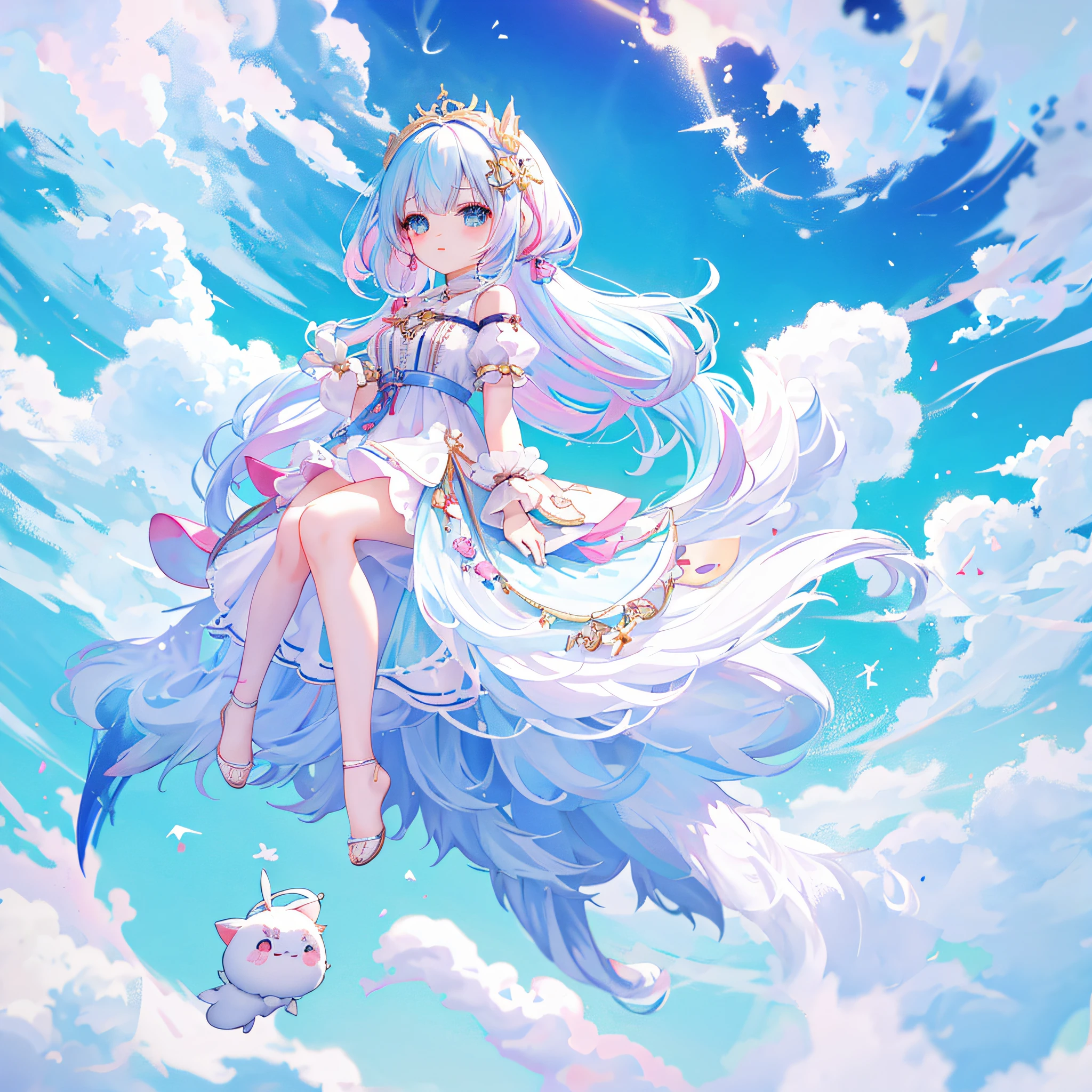 ((a sticker:1.5))), ((Chibi Character)), (white backgrounid), fluffly, girl with, Sorcerer's costume, full body Esbian, Pastel Hair, Pastel colors hair, fairytale, T-shirt design, tmasterpiece, best qualtiy,Shining eyes、cute little!!Chibi!!!,(Chibikyara)