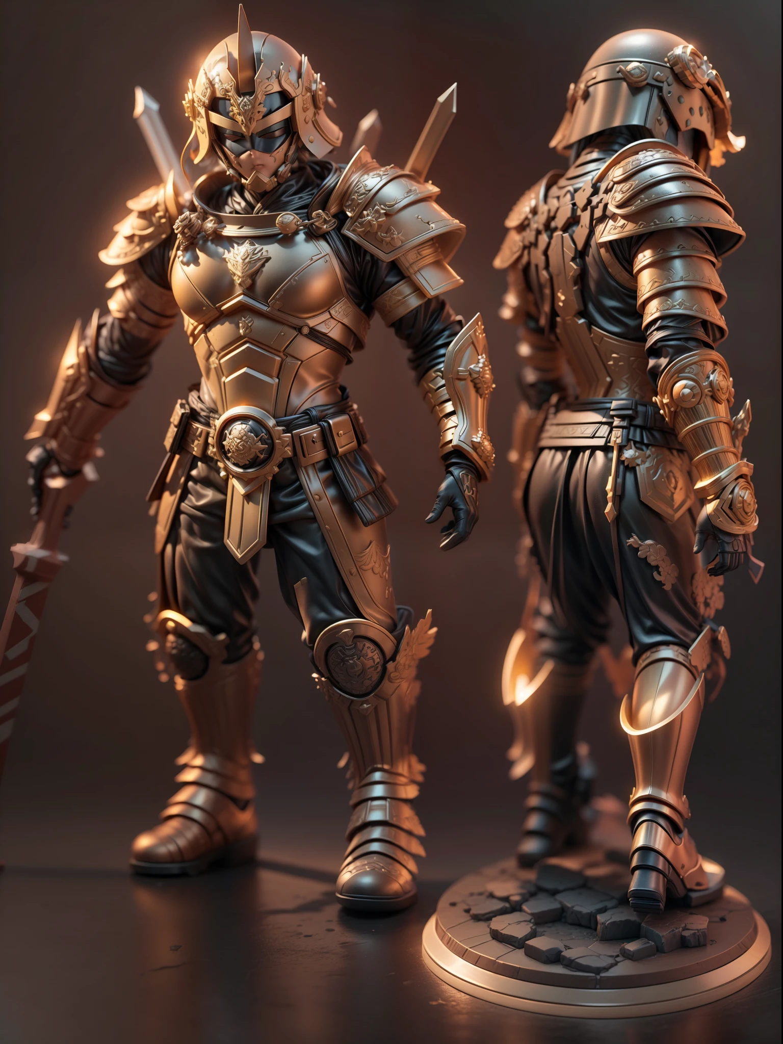 (Blind box toy style:1.2), (Full body shot) , (1 plastic Barbarian)((solo)) Plastic armor，Plastic opaque helmet, Baroque style, dreamy glow, Clean background,black and copper style，(circular base） ( Global illumination, Ray traching, hdr, unreal render,reasonable design, high detal, Masterpiece, Best quality, hyper HD, Cinematic lighting)