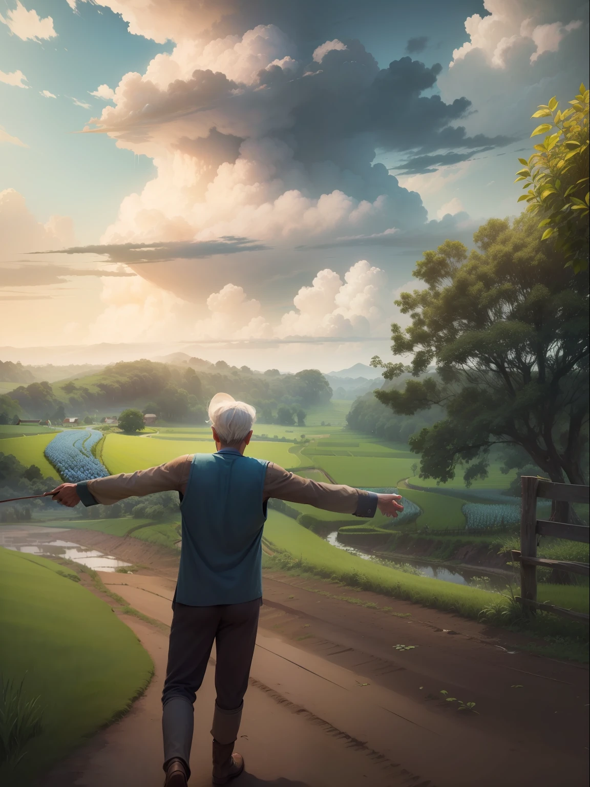 An old farmer, walking on the winding path of the countryside, big clouds, blue sky, rice fields, neat rice seedlings in the field, forest, hillside, secluded, countryside, HD detail, hyper-detail, cinematic, surrealism, soft light, deep field focus bokeh, ray tracing and surrealism. --v6