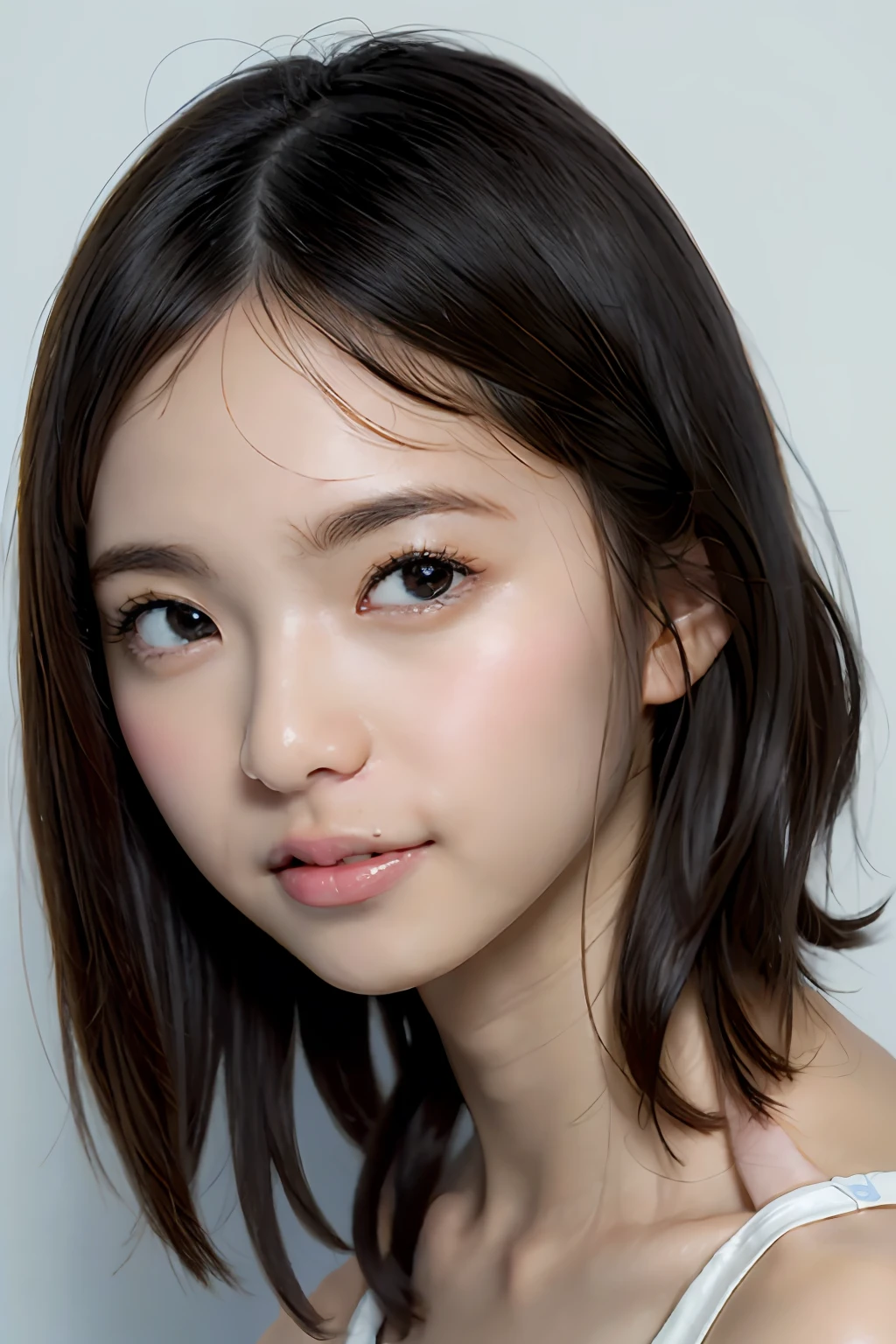 top-quality、de pele branca、Real human skin、（Detailed）、oval-face、pores、超A high resolution、（8k、RAW Photography、Photorealsitic：1.4）、女の子1人、Slimed、（A person who sees with calm and goddess-like eyes）Happiness:1.2)、(lipgloss、eye lashes、Gloss Face、top-quality、超A high resolution、Wide range of lighting、Natural shading)、shot from a side angle、huge-breasted、full bodyesbian、Beautiful constriction、A slender、short-hair、Sareme、二重まぶた、japanes、small nipples