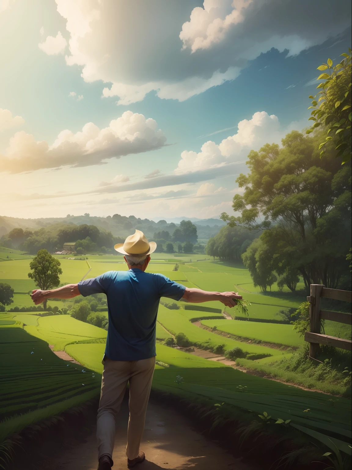 An old farmer, walking on the winding path of the countryside, big clouds, blue sky, rice fields, neat rice seedlings in the field, forest, hillside, secluded, countryside, HD detail, hyper-detail, cinematic, surrealism, soft light, deep field focus bokeh, ray tracing and surrealism. --v6