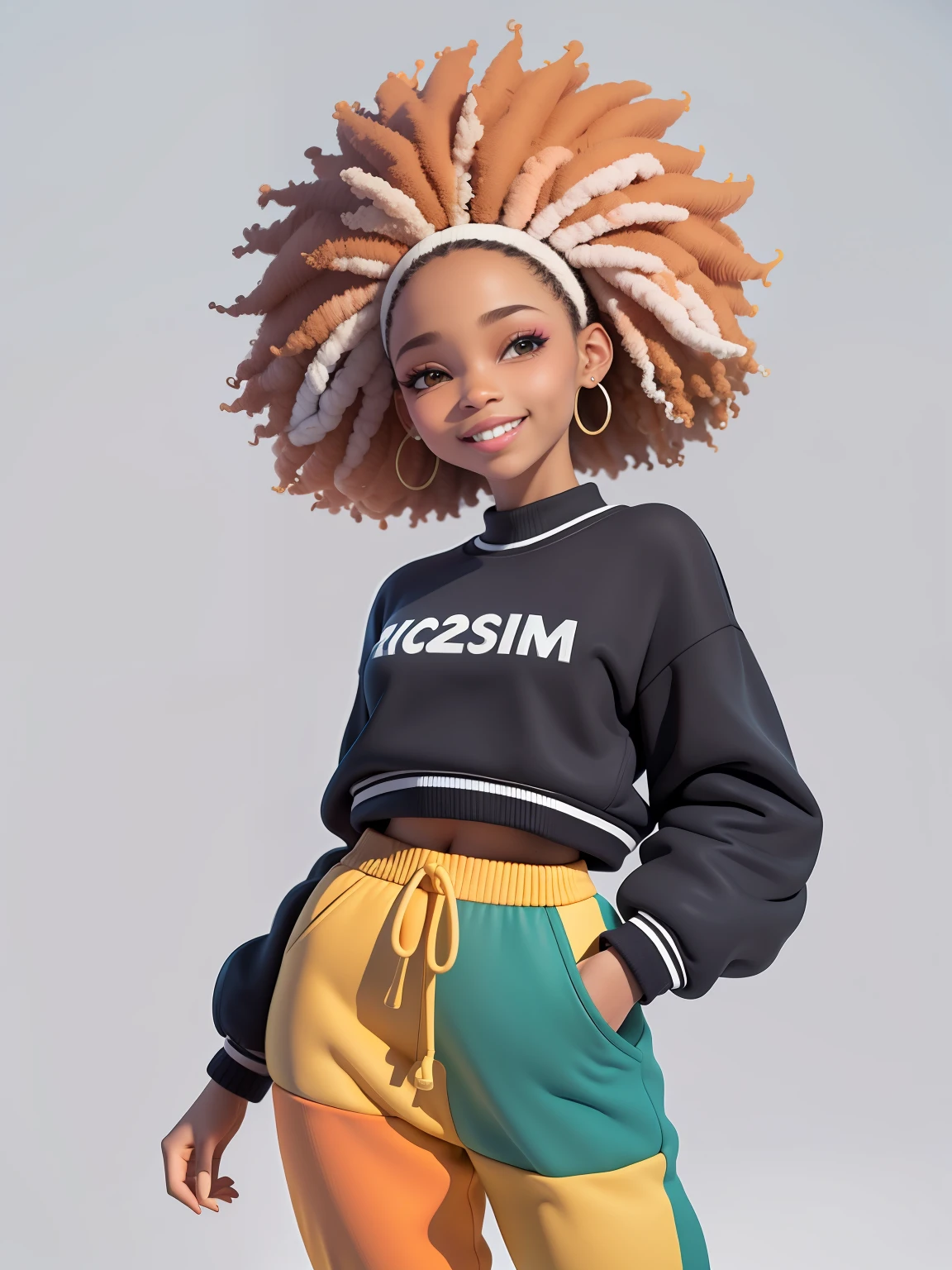(obra-prima), (melhor qualidade), (ultra-detalhado), (corpo inteiro: 1.2) menina afro, bonita e fofa, capuz, moletom preto, Knitted jumpsuits, Pants, jaqueta, blusa, sorriso claro, corpo inteiro, :3, fundo tom pastel , colorido e simples.