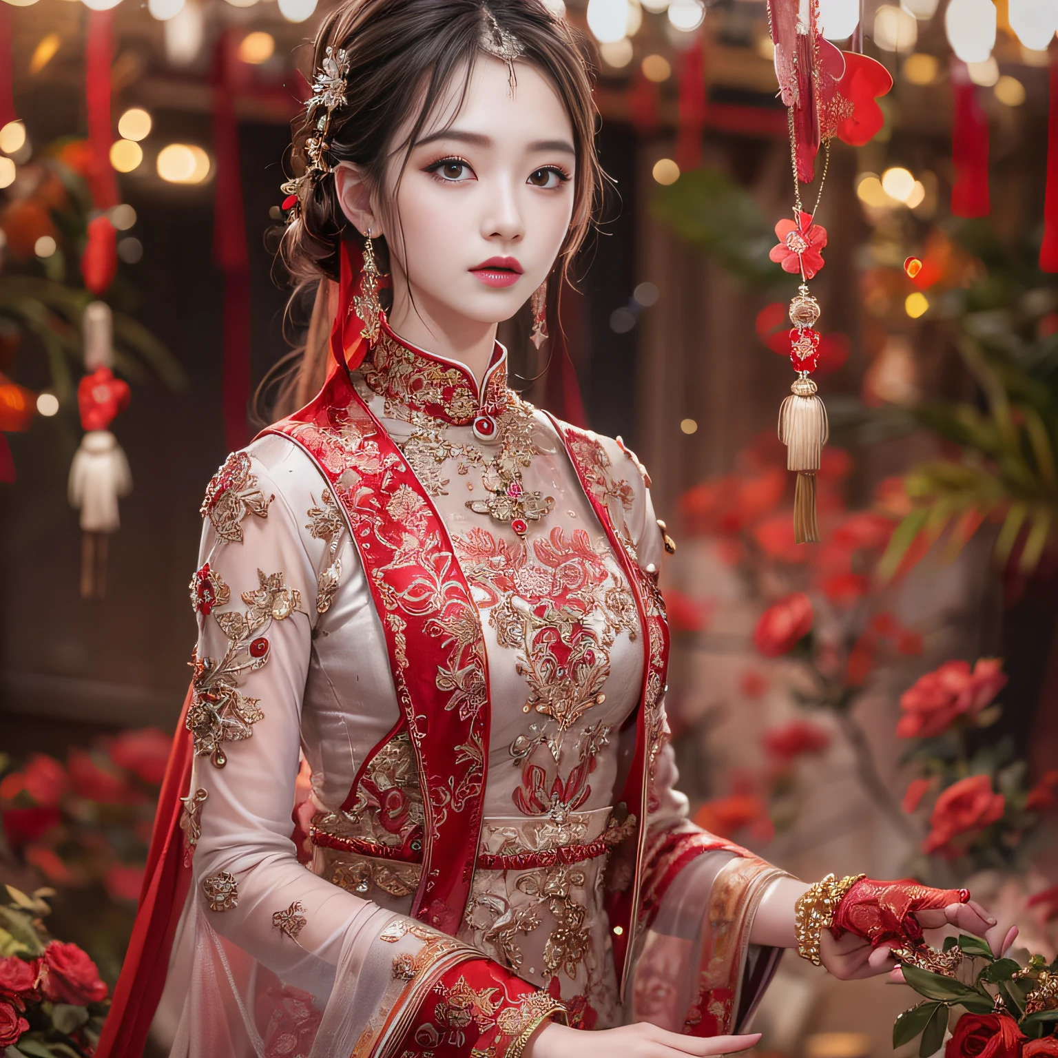 best qualtiy, tmasterpiece, A high resolution, 1girll,Chinese wedding dress,hair adornments,choker necklace,jewely,beauitful face,after sexing_Body,Tyndall effect,realisticlying,Red festive room edge lighting,twotonelighting,(highdetailskin:1.2),8K high-definition,gentle illumination,high high quality,Volumetriclighting,Frankness,photore,A high resolution,Bokeh