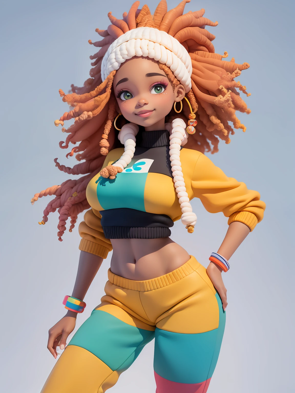 (obra-prima), (melhor qualidade), (ultra-detalhado), (corpo inteiro: 1.2) menina afro, bonita e fofa, capuz, moletom preto, Knitted jumpsuits, Pants, jaqueta, blusa, sorriso claro, corpo inteiro, :3, fundo tom pastel , colorido e simples.