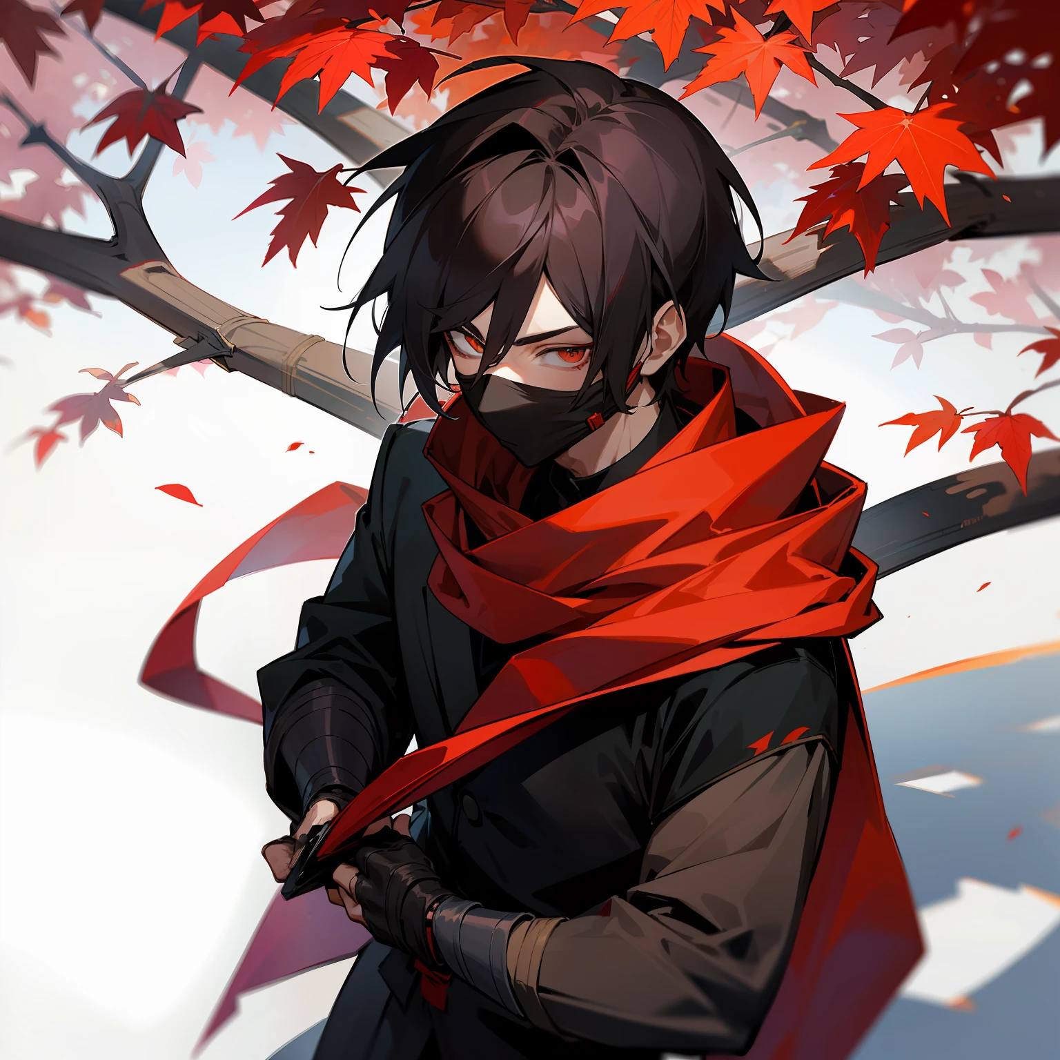 "A male anime character wearing a mask that covers half of his face, revealing handsome eyes. He is a shadow warrior, holding a short dagger in each hand. He wears a red scarf and stands under a maple tree."