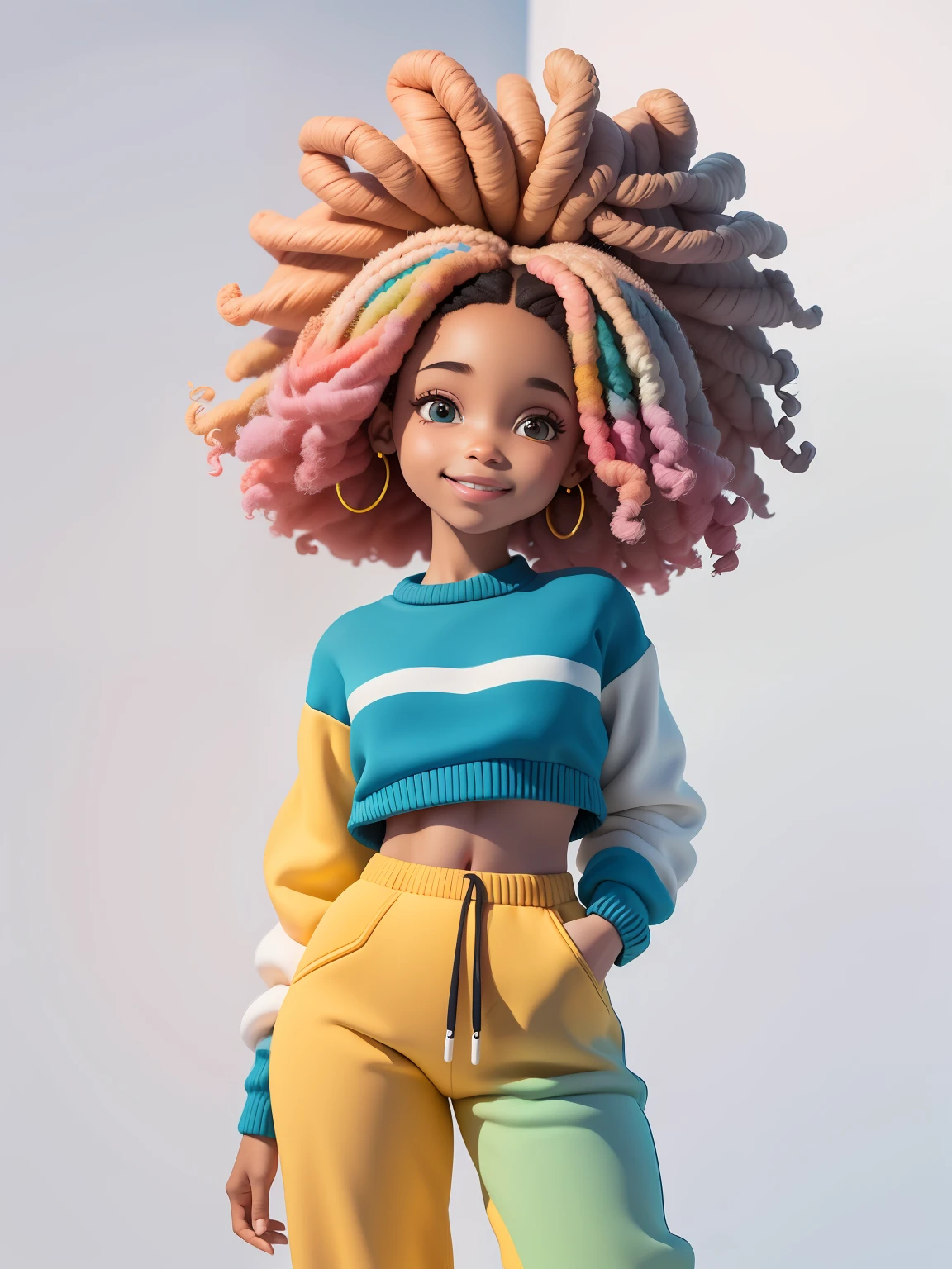 (obra-prima), (melhor qualidade), (ultra-detalhado), (corpo inteiro: 1.2) afro, bonita e fofa, capuz, moletom preto, Knitted jumpsuits, Pants, jaqueta, blusa, sorriso claro, corpo inteiro, :3, fundo tom pastel , colorido e simples.