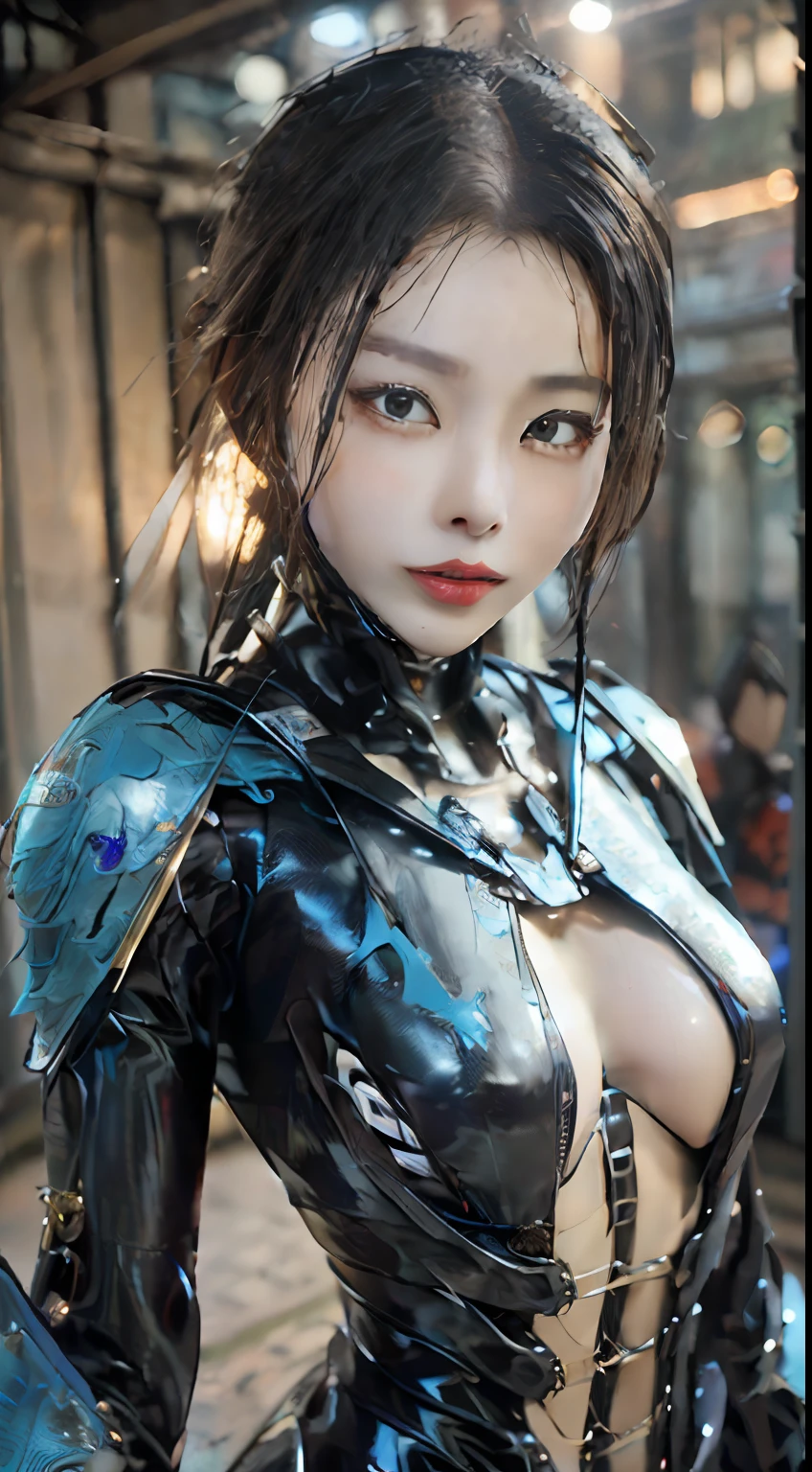 (Realistic:1.3)、((top-quality、8K、32K、​masterpiece:1.3、Photopassive:1.3、hight resolution))、(((The whole picture:1.6、FULL BODYSHOT:1.6、longshot、profetional lighting、Reflectors)))、no-makeup、Teen Girls、1girl in、cute little、with round face、Hairstyle is silver ponytail、Hair is disheveled、Katyusha、A detailed face、A detailed eye、The texture of the skin is realistic、Camera gaze、Look at viewers、(((The background is the city at night、Behind the building、intergalactic)))、(deep v neck、Black rubber suit、Red Cybersuit:1.8、Black Battlesuit:1.8)、(Sensual body lines:1.8、Big that are about to burst:1.9、Colossal tits:1.9、Overhanging udder:1.9、Accentuated cleavage:1.5、well-shaped breasts、Feminine body line)、(((Wearing mechanical armor:1.2、full armor:1.6、gold cross、Blue Metal、Metal Blue Dragon Skin)))、(Full metal body、Erotic Poses、pose sensual、Combat poses are created automatically、Automatic creation of battle scenes)