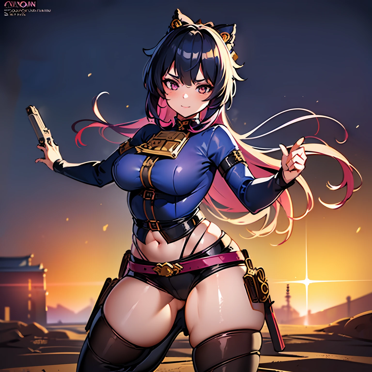 1girl, ((sexy anime girl)),(Golden Ratio:1.2),(((cowboy clothing))), ((revolvers)), holstered guns,(fault color:1.3),[(desert background:1.4)::10], (full body:1.2),(ultra-detailed:1.3),(samurai),(katana), (boots),(gun belt:1.6),(aura:1.2),full body, standing in desert planet,(cool:1.2),(colorful hair),(long shadows) (chaotic geometric images:1.3),(nagative space:0.8),(drawing board:1.3), hyperrealiatic, insane detail, genshin (ether colorful ink flowing:1.3), sfw, (hyper realistic photo of 18 year old gorgeous 1girl on bed:1.2), skin-tight outfit, 4k, 8k, HDR, (depth of field:1.2), bokeh, ultra detailed, (mischievous:1.2) facial expression, (thick figure), ((sexy pose))((combat pose)), ((spreading legs)), [narrow hips]