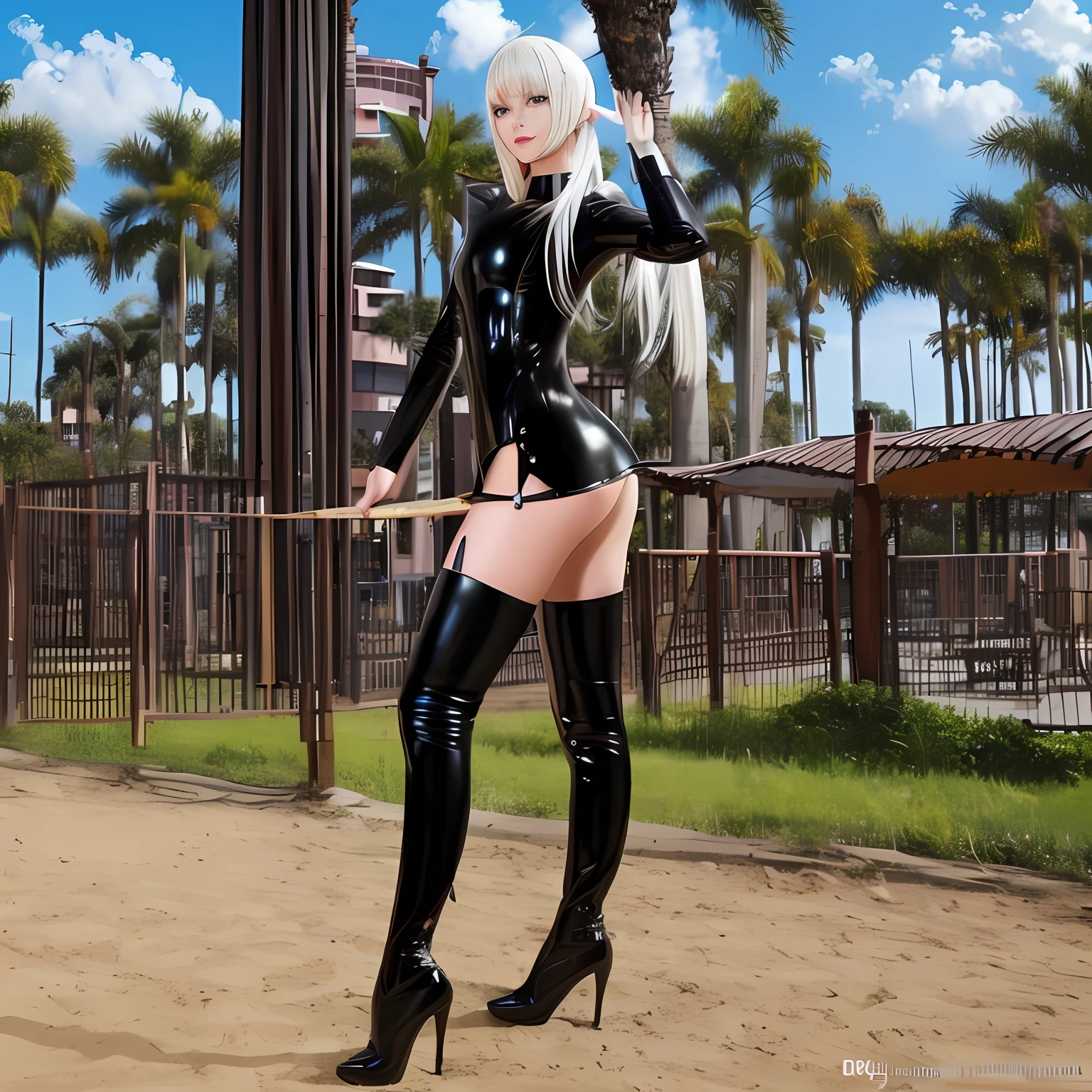 Alafi posing in a black latex suit and patent leather thigh boots, Full body CGsociety, 2 b, 2b, photorealistic anime girl rendering, photorealistic full body, very sexy outfit, realistic shadow perfect body, wearing black latex clothing, nier inspired, photorealistic perfect body, Sexy pose, Sexy outfit, sexy dominant pose, black latex, Shiny white skin，standing on your feet，Body palmistry