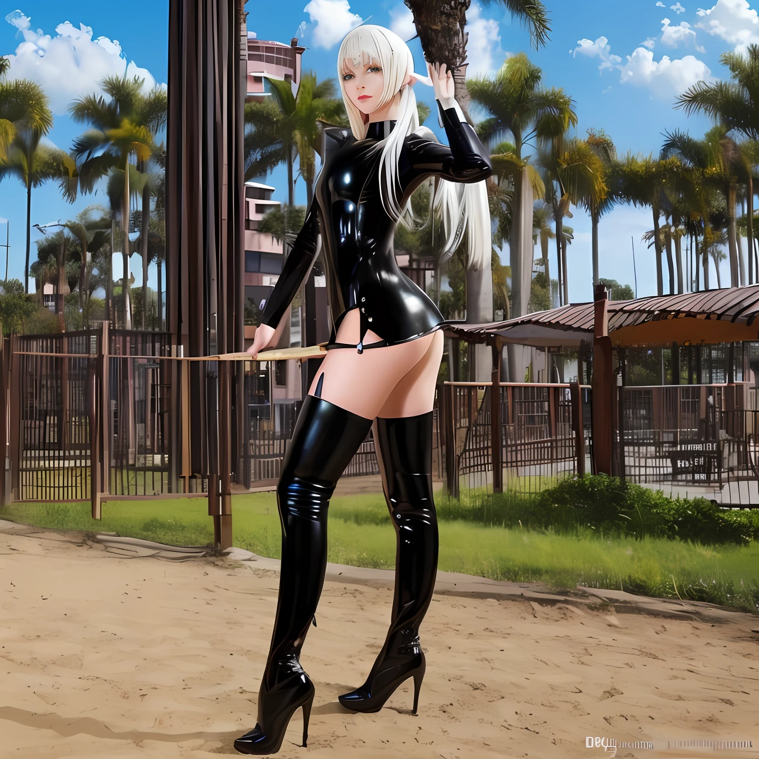 Alafi posing in a black latex suit and patent leather thigh boots, Full body CGsociety, 2 b, 2b, photorealistic anime girl rendering, photorealistic full body, very sexy outfit, realistic shadow perfect body, wearing black latex clothing, nier inspired, photorealistic perfect body, Sexy pose, Sexy outfit, sexy dominant pose, black latex, Shiny white skin,standing on your feet,Body palmistry