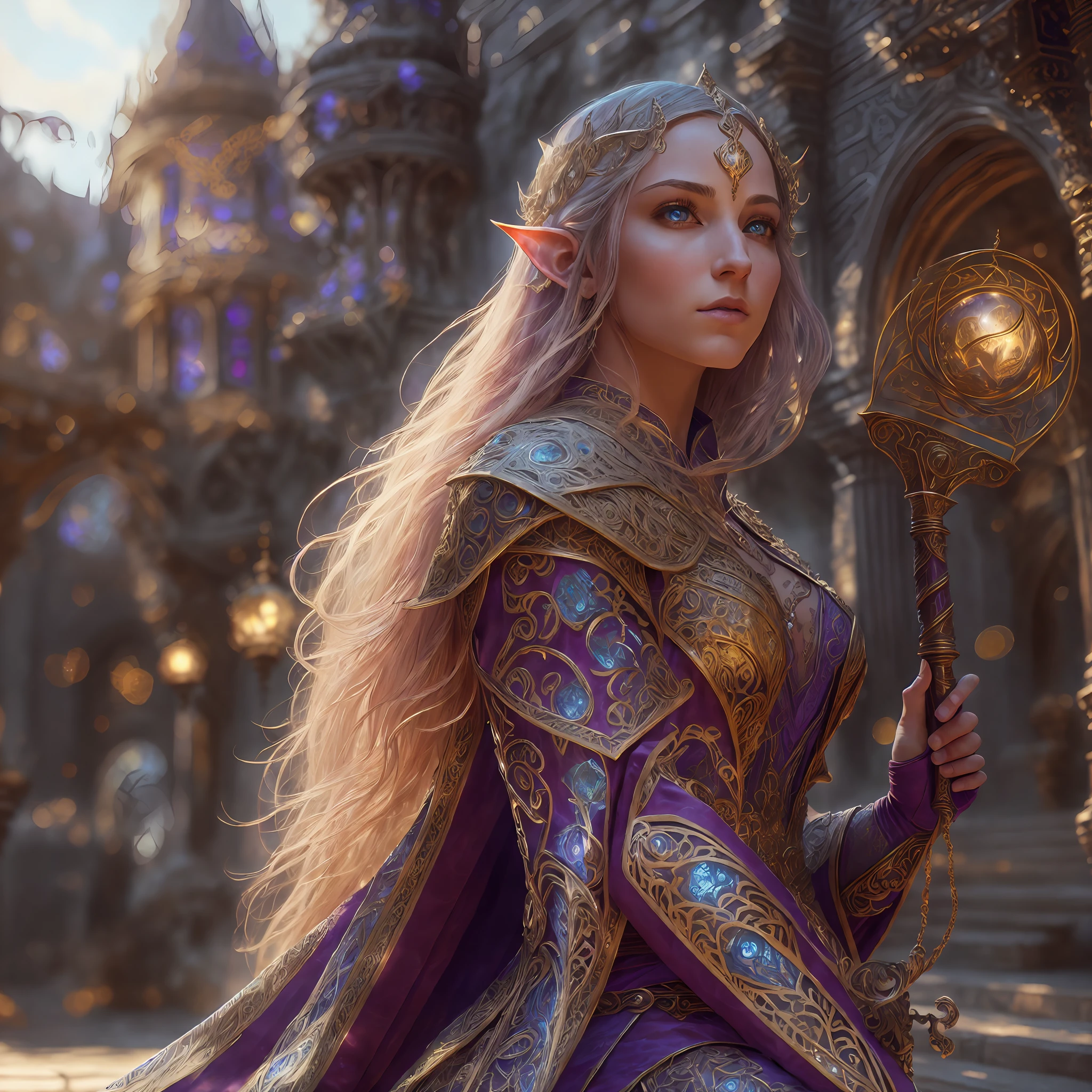 high details, best quality, 8k, [ultra detailed], masterpiece, best quality, (extremely detailed), dynamic angle, ultra wide shot, RAW, photorealistic, fantasy art, dnd art, rpg art, realistic art, a wide angle picture of an epic female elf, arcane warrior, warrior of magic, fighter of the arcana, full body, [[anatomically correct]] full body (1.5 intricate details, Masterpiece, best quality) casting a spell (1.5 intricate details, Masterpiece, best quality), casting an epic spell, [colorful magical sigils in the air],[ colorful arcane markings floating] (1.6 intricate details, Masterpiece, best quality) holding an [epic magical sword] (1.5 intricate details, Masterpiece, best quality) holding epic [magical sword glowing in red light] (1.5 intricate details, Masterpiece, best quality). in fantasy urban street (1.5 intricate details, Masterpiece, best quality), a female beautiful epic elf wearing elven leather armor (1.4 intricate details, Masterpiece, best quality), high heeled leather boots, ultra detailed face,  thick hair, long hair, dynamic hair, fair skin intense eyes, fantasy city background (intense details), sun light, backlight, depth of field (1.4 intricate details, Masterpiece, best quality), dynamic angle, (1.4 intricate details, Masterpiece, best quality) 3D rendering, high details, best quality, highres, ultra wide angle