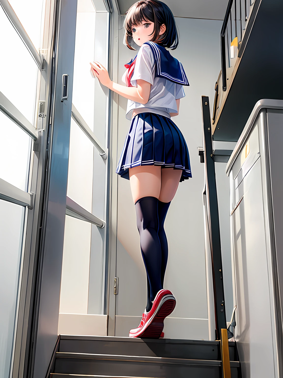 lighting like a movie、Girl in sailor suit climbs stairs、facing back、Show your back、schools、Panchira、
