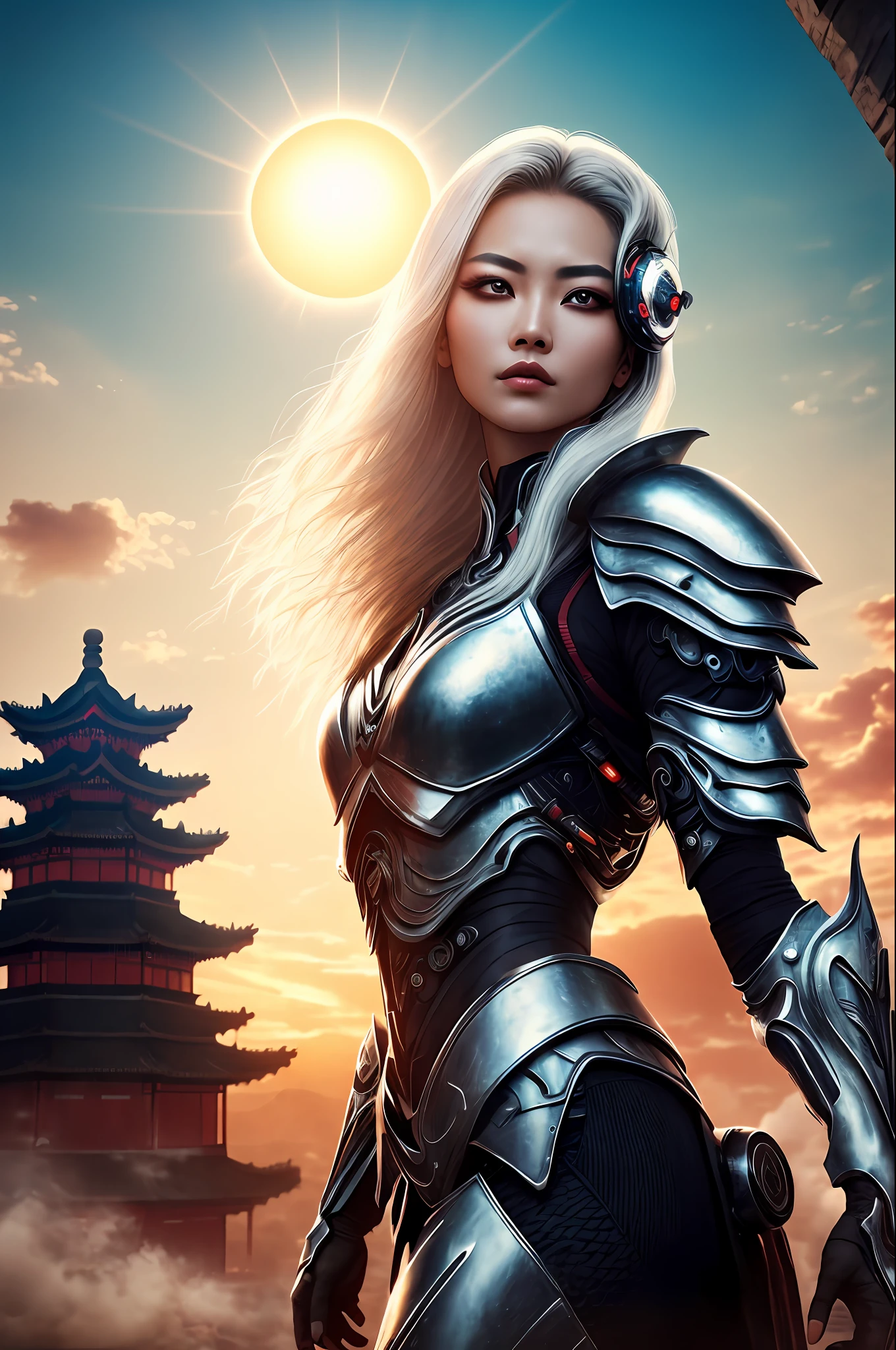 Beautiful cyborg warrior, Young Asian women,cyberpunk augmentation, cyberware, Cyborg, carbon fibers, Chrome, Implants, metal skull, Cyber plate armor, (the Sun Shining:1.2), (the setting sun & evening light),, the scars, (Silvery-white medium-long unkempt hair:1.1), (eye shadows:1.1), (beautifully detailed glow:1.2), (Cinematic lighting), intricately details, A high resolution, Rounded eyes, Detailed facial features, Sharp focus, smooth, Aesthetic, Detailed dark ancient Chinese architecture background, Stylish pose, Dynamic pose, (dramapaint), (OPT-6000:0.9)