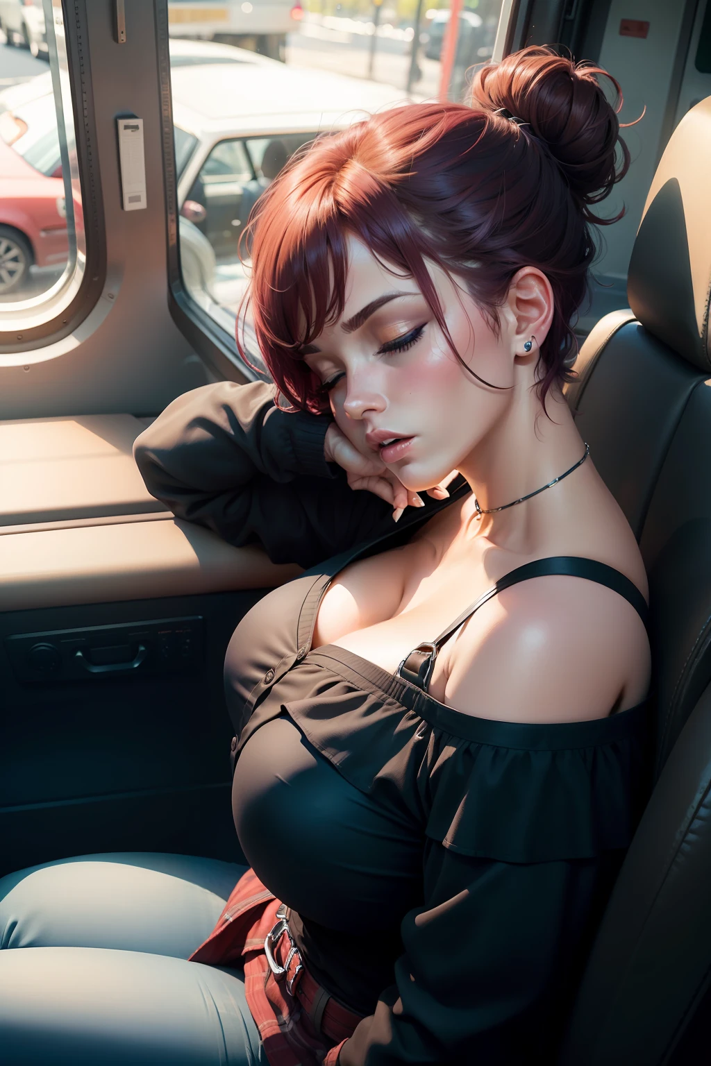 1 beautiful woman, large body, chubby woman, maroon hair, short hair, face made up, hair in a bun, hair over the face, black low-cut blouse, FINGERS CROSSED, shot from above, top angle perspective, blue jeans, blue handbag, big nails, eyelids made up, eyelids outlined, asleep lying on a bus, head resting on the seat, eyes closed, MOUTH OPEN WIDE.