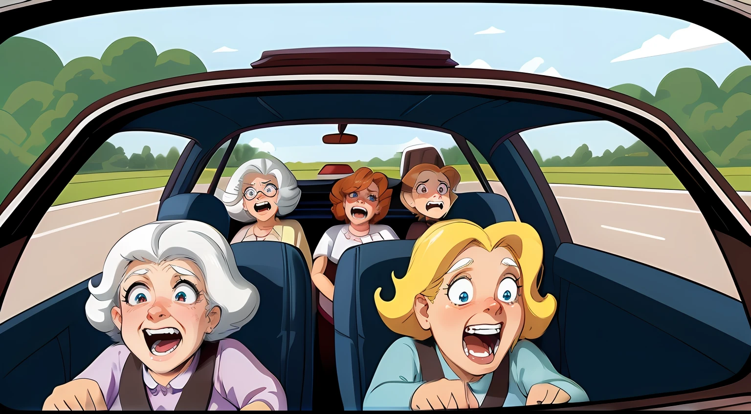 Cartoon picture of 5 old women sitting in a car, 2 women in front seat, 3 women in back seat, frightened pale looks, yelling with fear