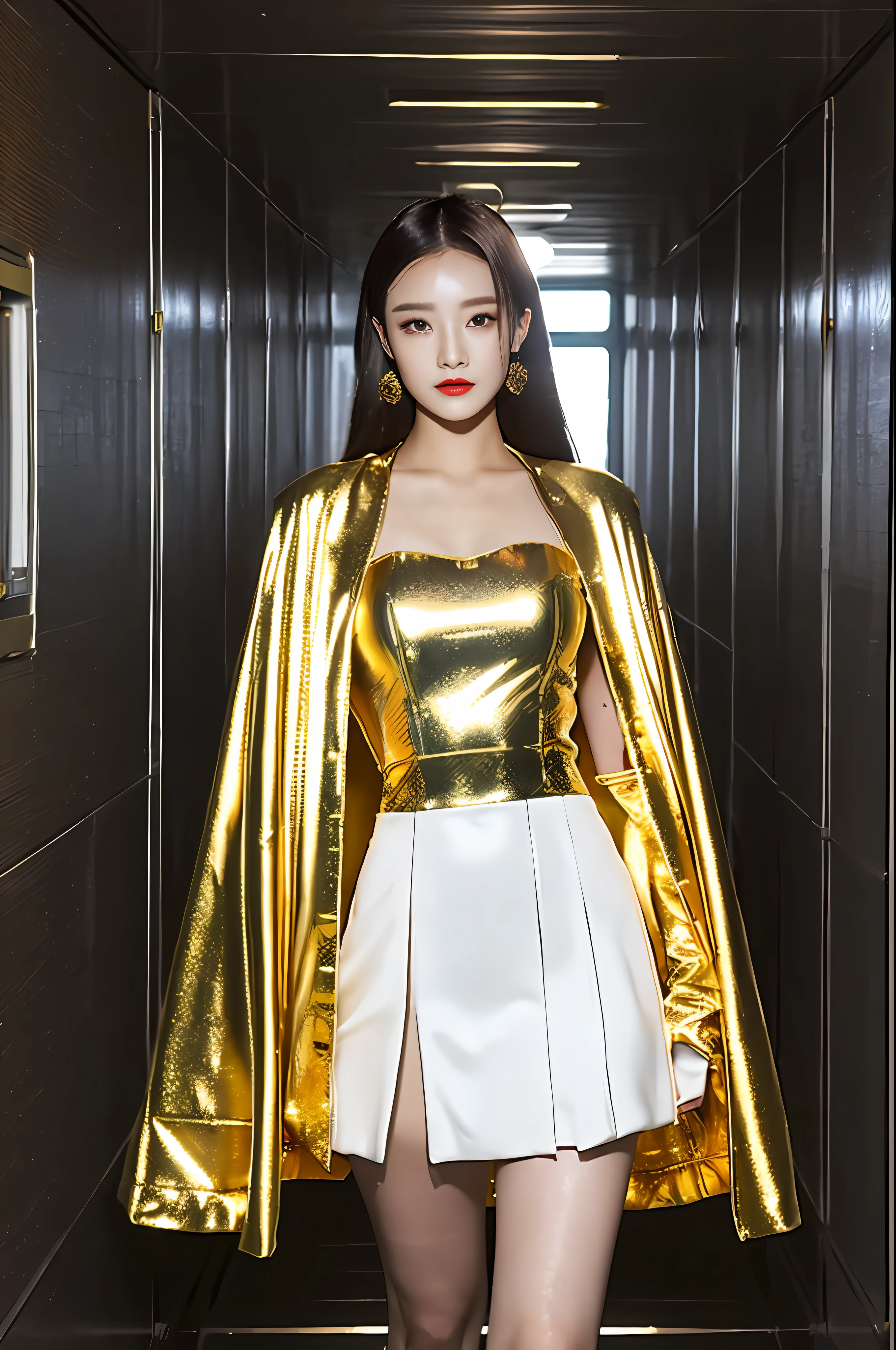 Arapefi, dressed in a gold jacket and white dress, stood in the hallway, fashionable futuristic woman, wearing futuristic, Gold clothes, gilded outfit, a golden halo, gold and white cloak, futuristic fashion, Futuristic look, wearing futuristic clothing, inspired by Han Gan, golden-white robes, futuristic fashion clothing, Wear futuristic space gear, Wearing a golden halo, cyborg fashion model