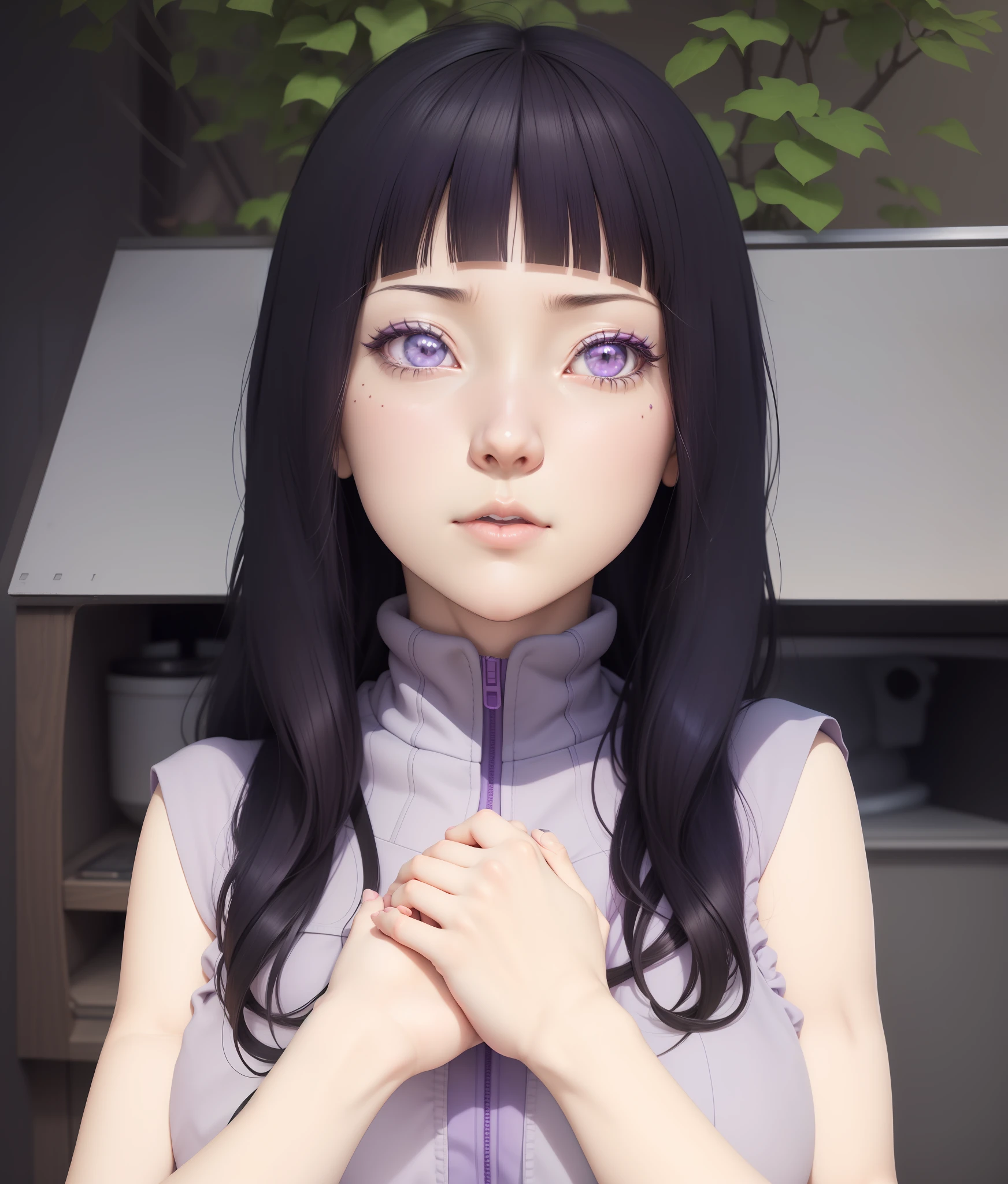 a close up of a person with a purple shirt and black hair, realistic anime 3 d style, 3 d anime realistic, hyper realistic anime, realistic anime, anime girl in real life, anime cgi style, photorealistic anime, realistic anime artstyle, anime realism style, semi - realistic anime, realistic young anime girl, semi realistic anime, hinata hyuga