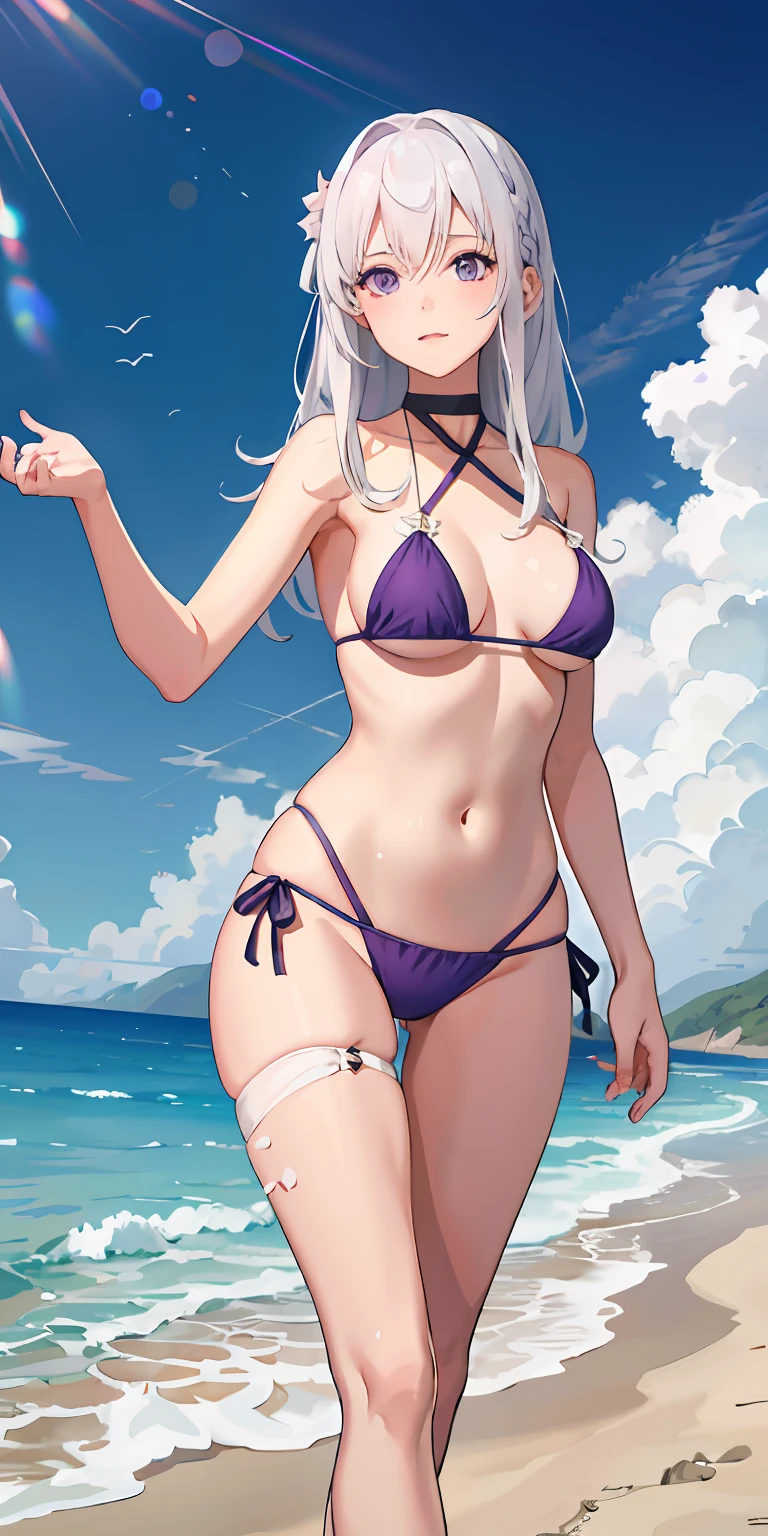 realisticlying, 1girl, White hair, Purple eye, Bikini with little cloth, sea beach, light particules, llight rays, the wallpaper,Bigchest，long leges