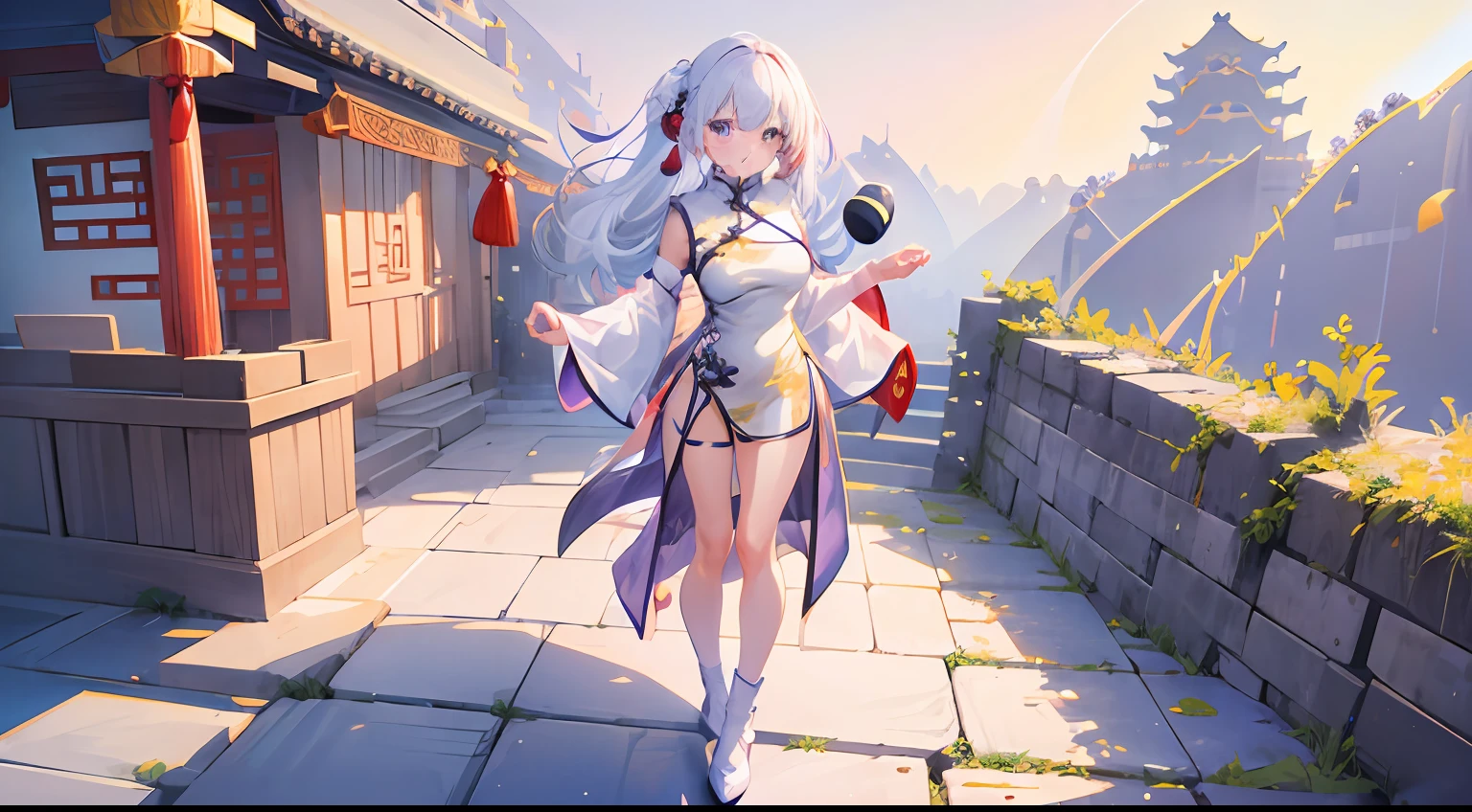 【(white background:1.5)::5】, (mid shot:0.95), (full body:1.25), Dynamic angle, 【Bottle bottom】,(fisheye:1.4), (falt color:1.3),colorful,(masterpiece:1,2), best quality,extremely detailed cg 8k wallpaper,best quality, masterpiece, highres, original, extremely detailed wallpaper, (solo:1.5),Detailed and baeutiful face,
1girl,solo,white hair,purple eyes, bare shoulders,big breasts,looking at viewer, (china dress:1.5),cleavage, (standing:1.3),outdoors,