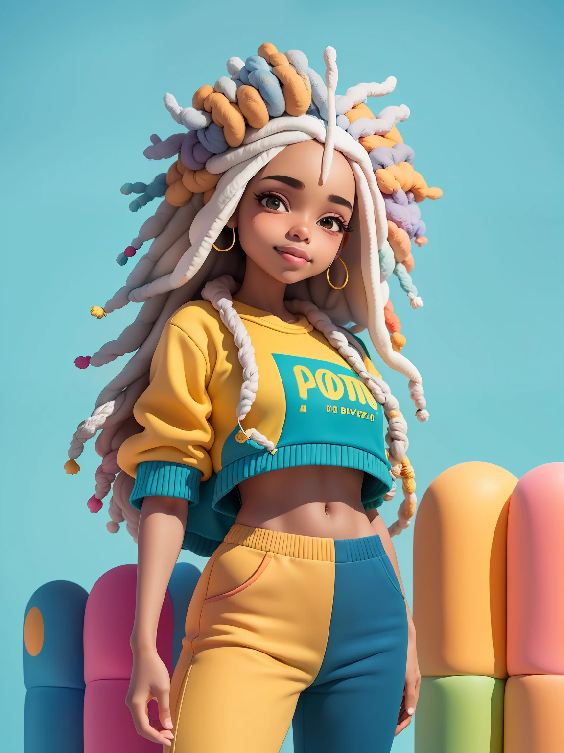 (obra-prima), (melhor qualidade), (ultra-detalhado), (corpo inteiro: 1.2) menina afro dread's presos, bonita e fofa, capuz, moletom preto, Knitted jumpsuits, Pants, jaqueta, blusa, sorriso claro, corpo inteiro, :3, fundo tom pastel , colorido e simples.