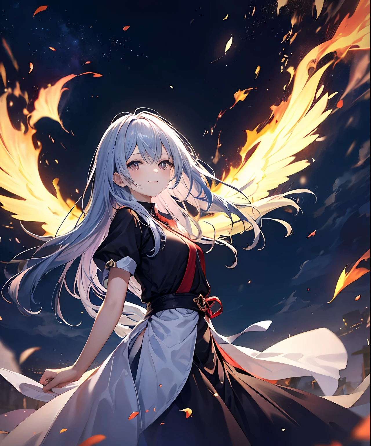 (​masterpiece、top-quality)、frontage、独奏、1girl in、is standing、Hands folded behind your back、amidst nature、A smile、The long-haired、Light purple hair、Hair flutters in the wind、with light glowing、Windy、Adult、Flames flutter