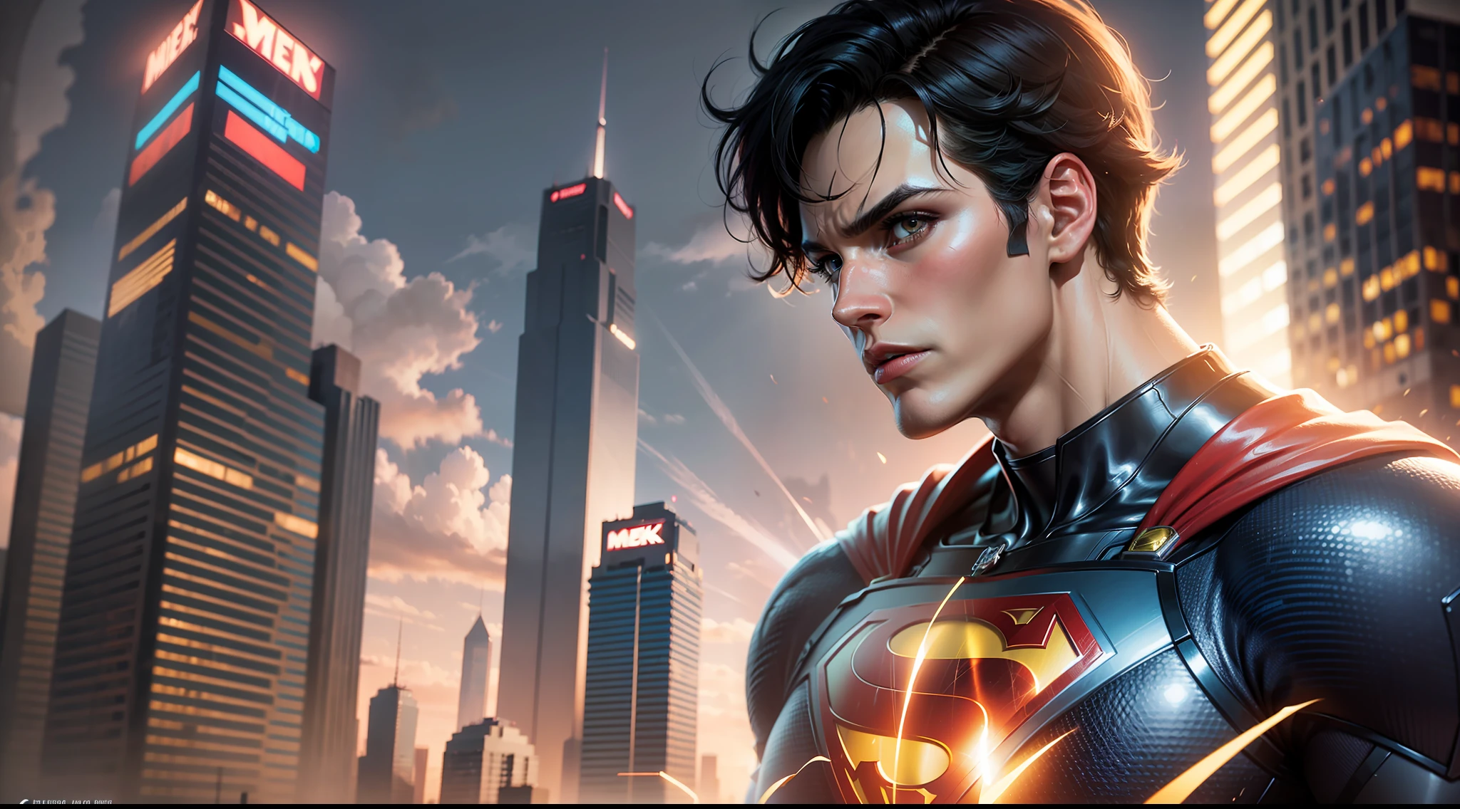 Superman DC Comics Cyber Punk Estilo (Obra maestra) (La mejor calidad) (Detallado) (8k) (HDR) (papel tapiz) (cinematic lighting) (foco nítido) (intrincado)