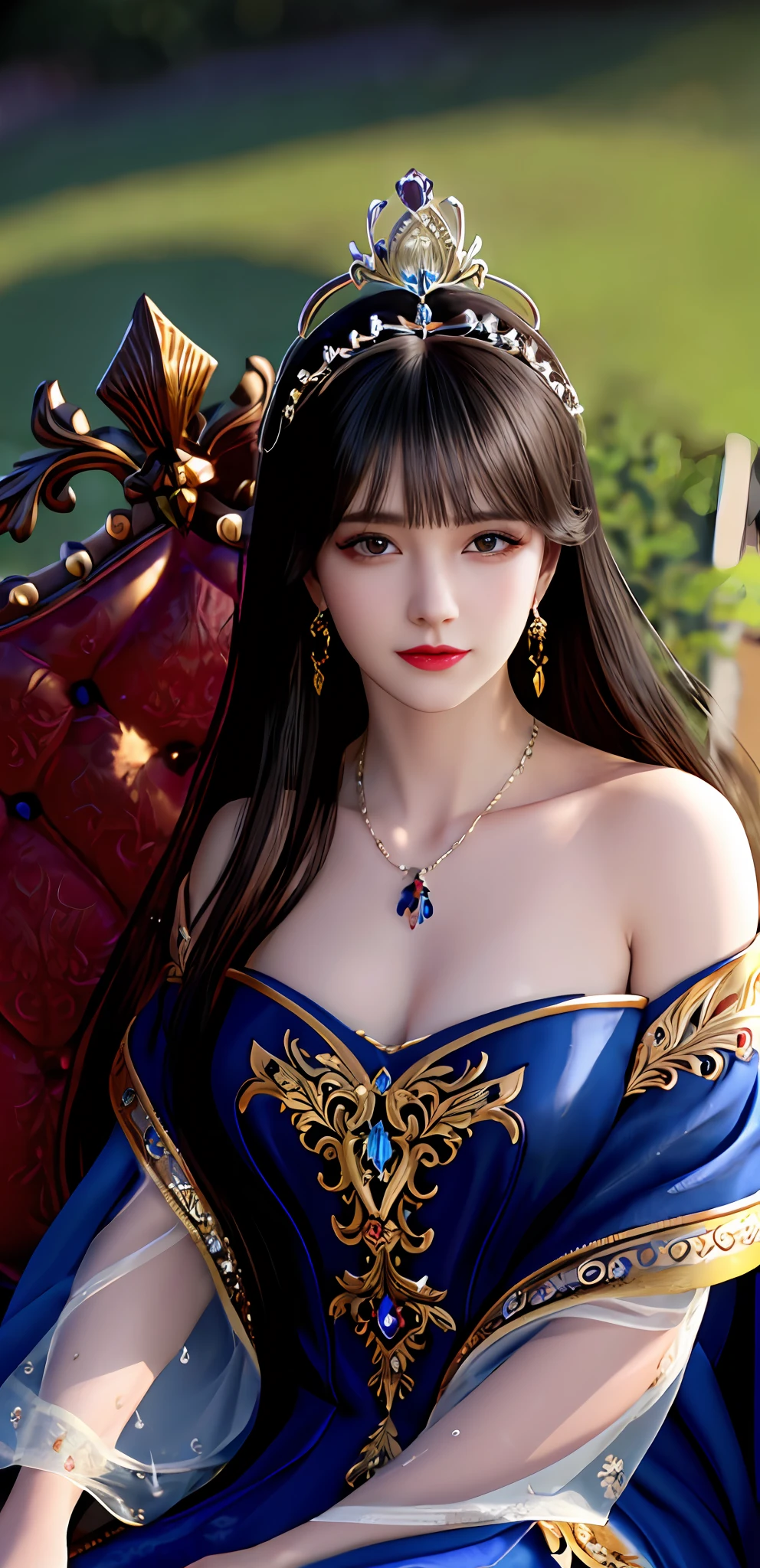 (realisticity: 1.2), best quality, 8K UHD, masterpiece, highres,cg,
1 super detailed girl, super detailed queen
, sitting on a super detailed royal throne, lud, xurious royal palace background, beautiful and detailed, super detailed long hair, wearing a beautiful and luxurious crown with diamonds and super detailed,
super detailed dress,
solo, jewelry, super detailed red and blue dress, pretty face, beautiful, and super detailed,
, earrings, super detailed hairdo, splashing, the upper body is very super detailed, super detailed hair bun, super detailed black hair,
lighting,candid,Photograph,high resolution,4k,8k,Bokeh,
