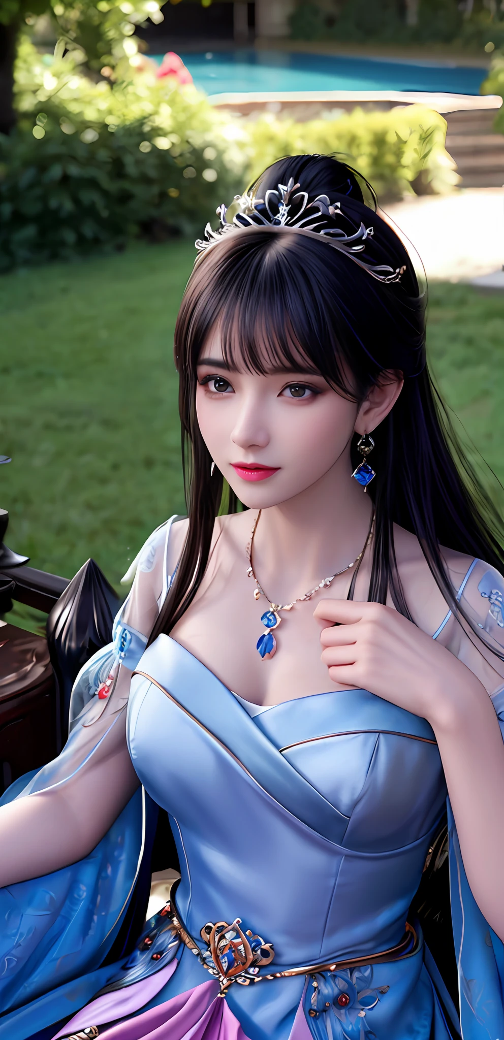 (realisticity: 1.2), best quality, 8K UHD, masterpiece, highres,cg,
1 super detailed girl, super detailed queen

, sitting on a super detailed royal throne, lud, xurious royal palace background, beautiful and detailed, super detailed long hair, wearing a beautiful and luxurious crown with diamonds and super detailed,

super detailed dress,
 solo, jewelry, super detailed red and blue dress, pretty face, beautiful, and super detailed, 

, earrings, super detailed hairdo, splashing, the upper body is very super detailed, super detailed hair bun, super detailed black hair,
lighting,candid,Photograph,high resolution,4k,8k,Bokeh,