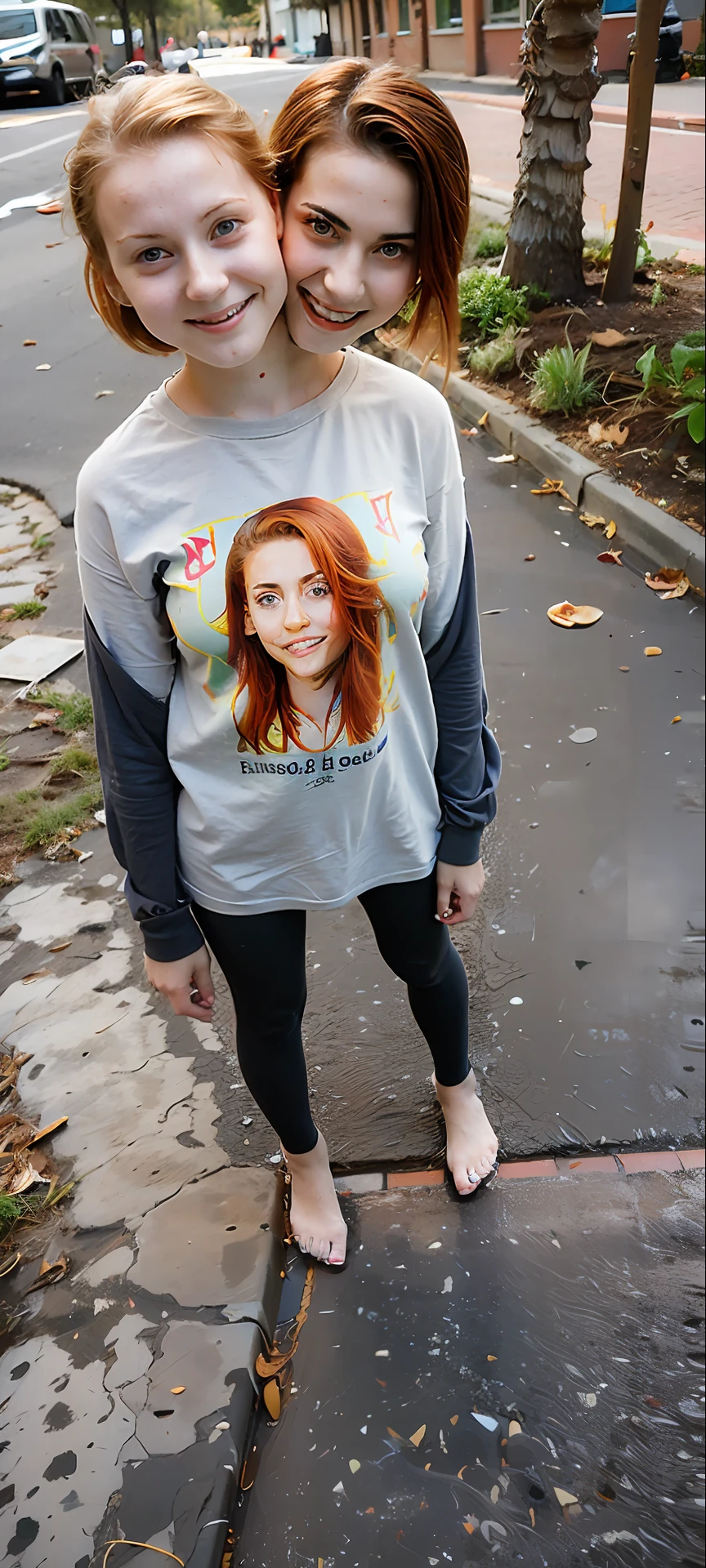 There are two girls standing on the sidewalk with their faces on the ...