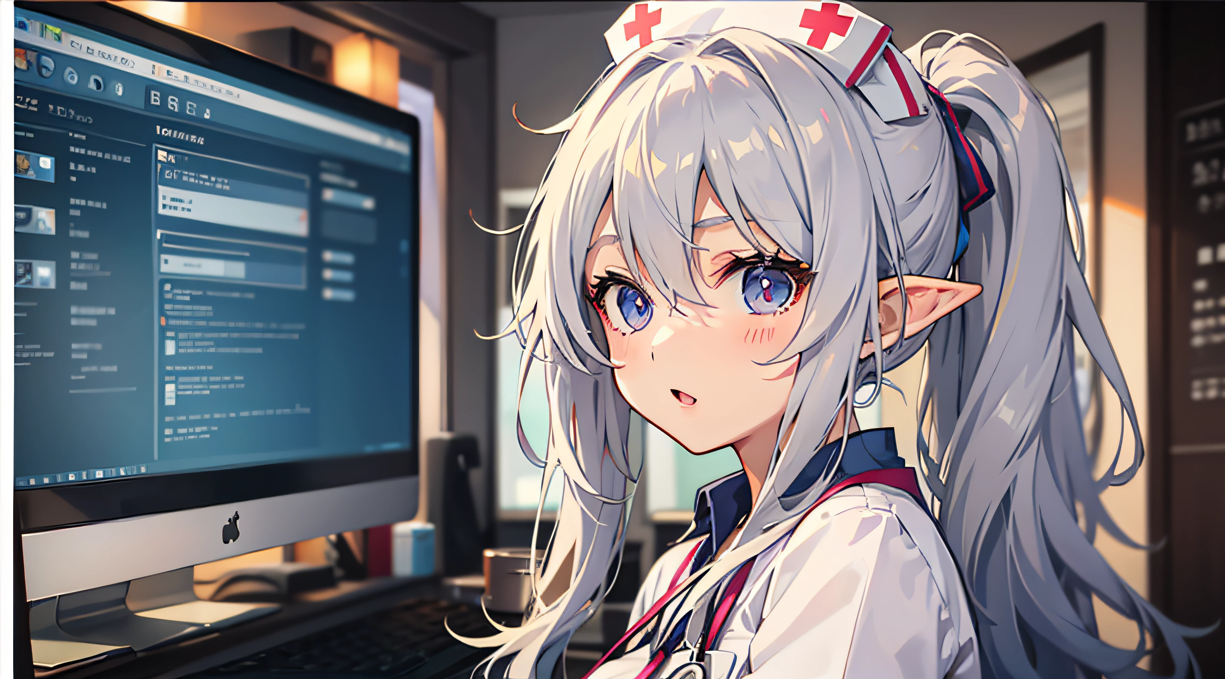 (darkskinned、skin tanned、elvish)、(((Hair over one eye、very asymmetrical bangs)))、petite girl in、A girl child、very long bangs、straight haired、very long transverse hair、:P、a blond、hospitals、Nurse、blush、closing eye、anime screen cap、Futomo、Have a binder、Stockings、Big Ponytail