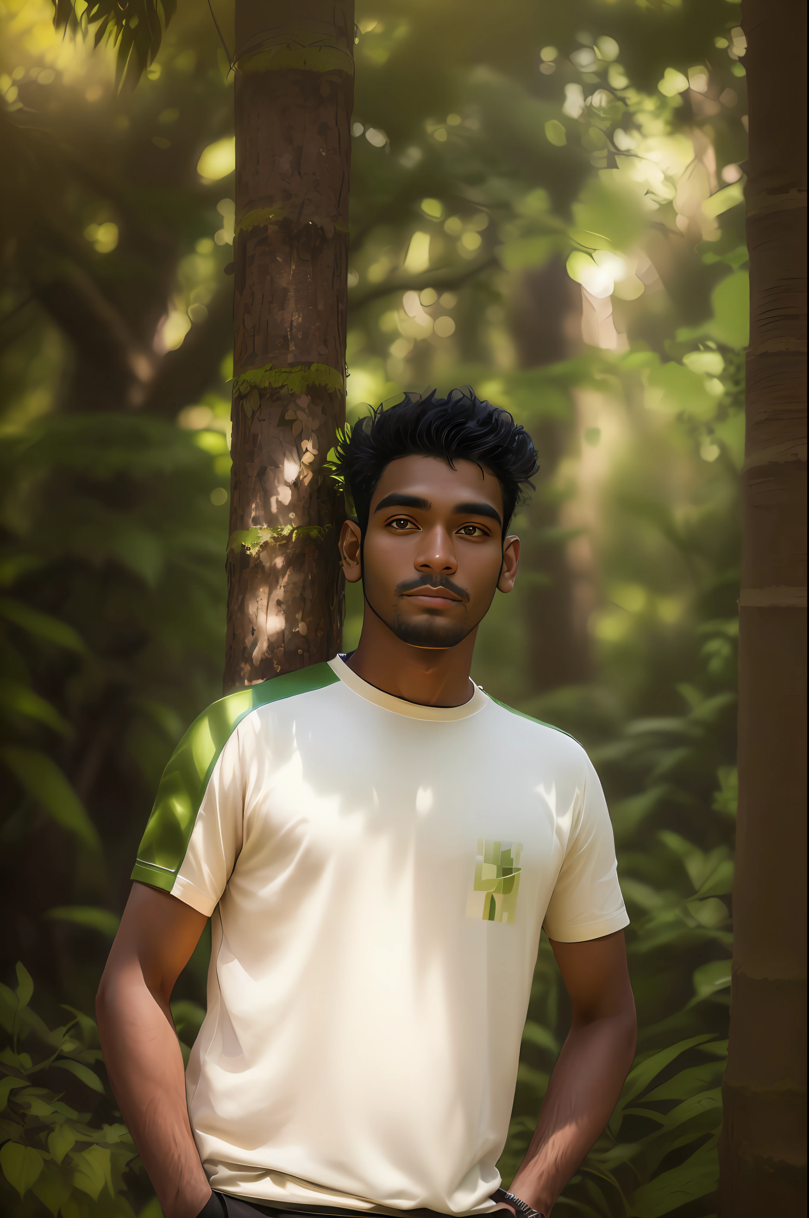 arafed man standing next to a tree in a forest, in front of a forest background, taken with canon 8 0 d, taken with sony alpha 9, jayison devadas, portrait shot 8 k, in jungle, portait image, taken with canon 5d mk4, mid shot portrait, against the backdrop of trees, in a jungle environment