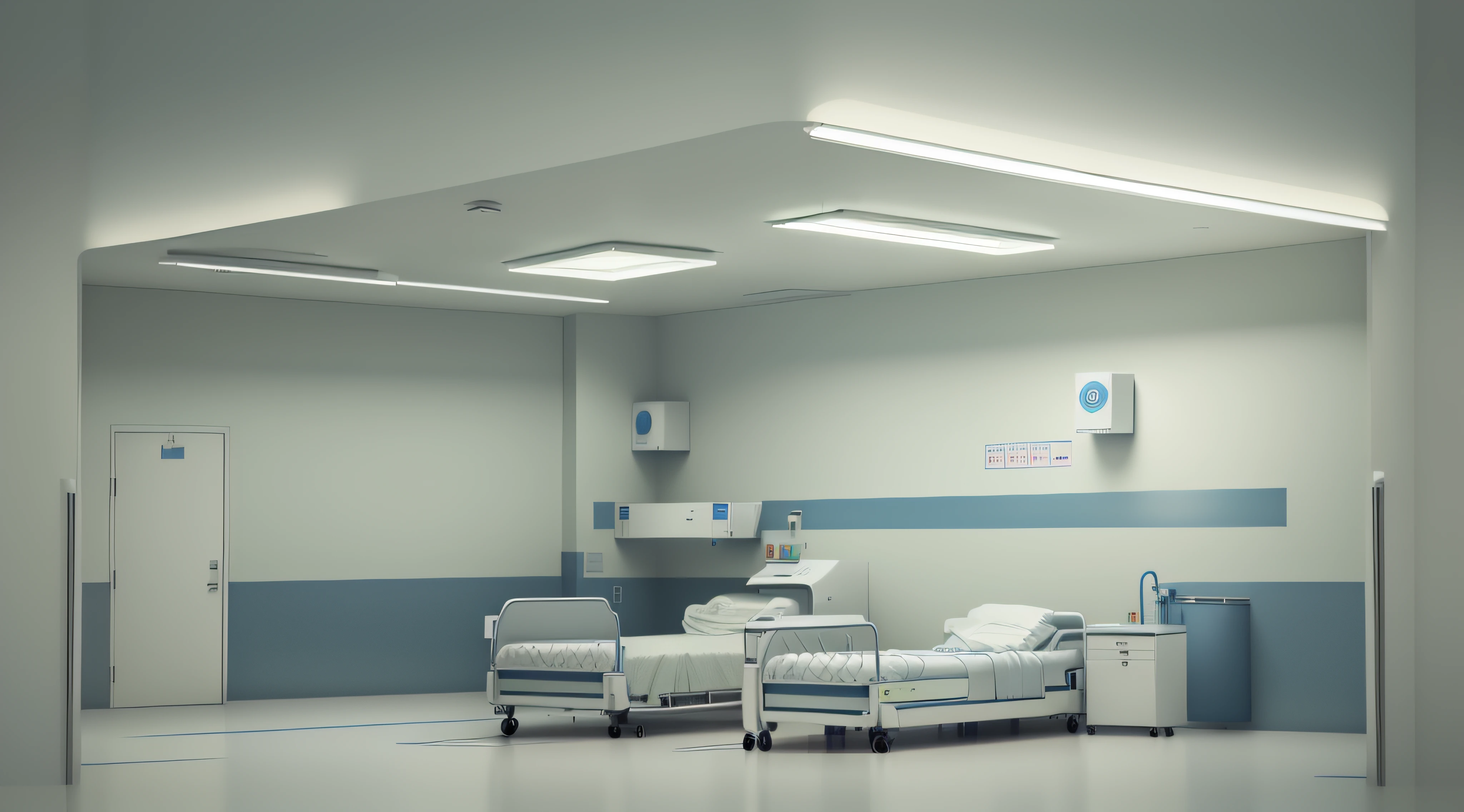 There is a drawing of a ward with a bed and a table, hospital in background, sickroom, sickroom, sterile minimalistic room, hospital lighting, Hospital interior, surgery room, medical lighting, candy hospital room, hospitals, clean medical environment, scene view, surgery room, sterile background, indoor background, cinematics, interior background art