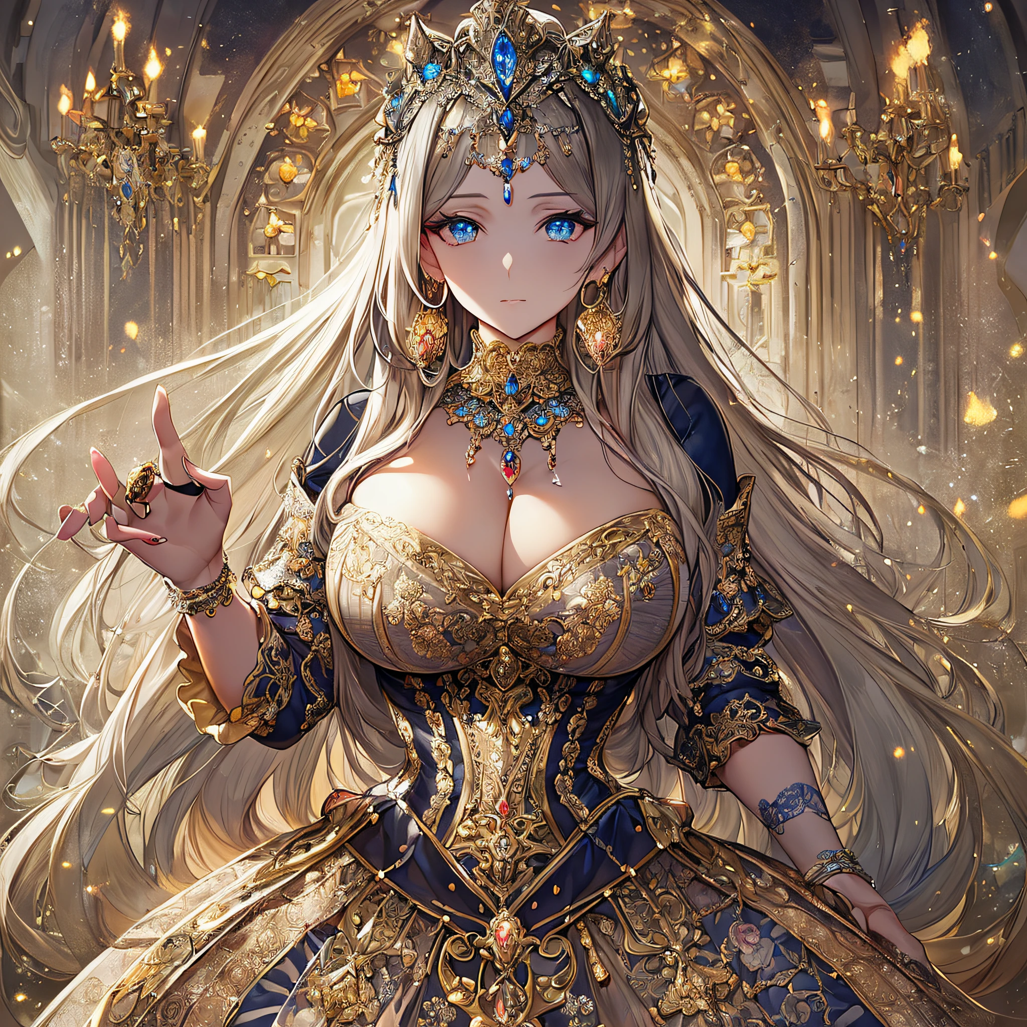 ((anime artstyle)),(Masterpiece),(Best Quality), (Super Detail),((Very Delicate and Beautiful)),(((Solo))),((full body)),(((1 bling-bling princess in beautiful embroidery and jeweled gorgeous rococo ball gown dress with voluminous full length hoop skirt))),((bling-bling)),Long train,(bling-bling gorgeous gemstone jewelry),detailed face and eyes,jewel-like eyes,((extremely voluminous Very Long Hair,Straight Hair)),((gigantic tits,Long tits)),cleavage,(gorgeousfull embroidery and lace),gorgeous corsage,See-through,extremely gorgeousfull hair ornament,bling-bling extremely gorgeousfull jeweled tiara,ornate ruffles,(hoop skirt,crinoline),((Dynamic Angle)),Looking at viewer,((full body)),((beautiful embroidery and jeweled extremely gorgeous rococo ball gown dress with voluminous full length hoop skirt))