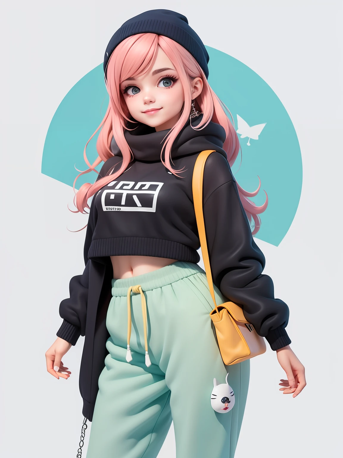 (obra-prima), (melhor qualidade), (ultra-detalhado), (corpo inteiro: 1.2) menina bonita e fofa, capuz, moletom preto, Knitted jumpsuits, Pants, jaqueta, blusa, sorriso claro, corpo inteiro, :3, fundo tom pastel , colorido e simples.