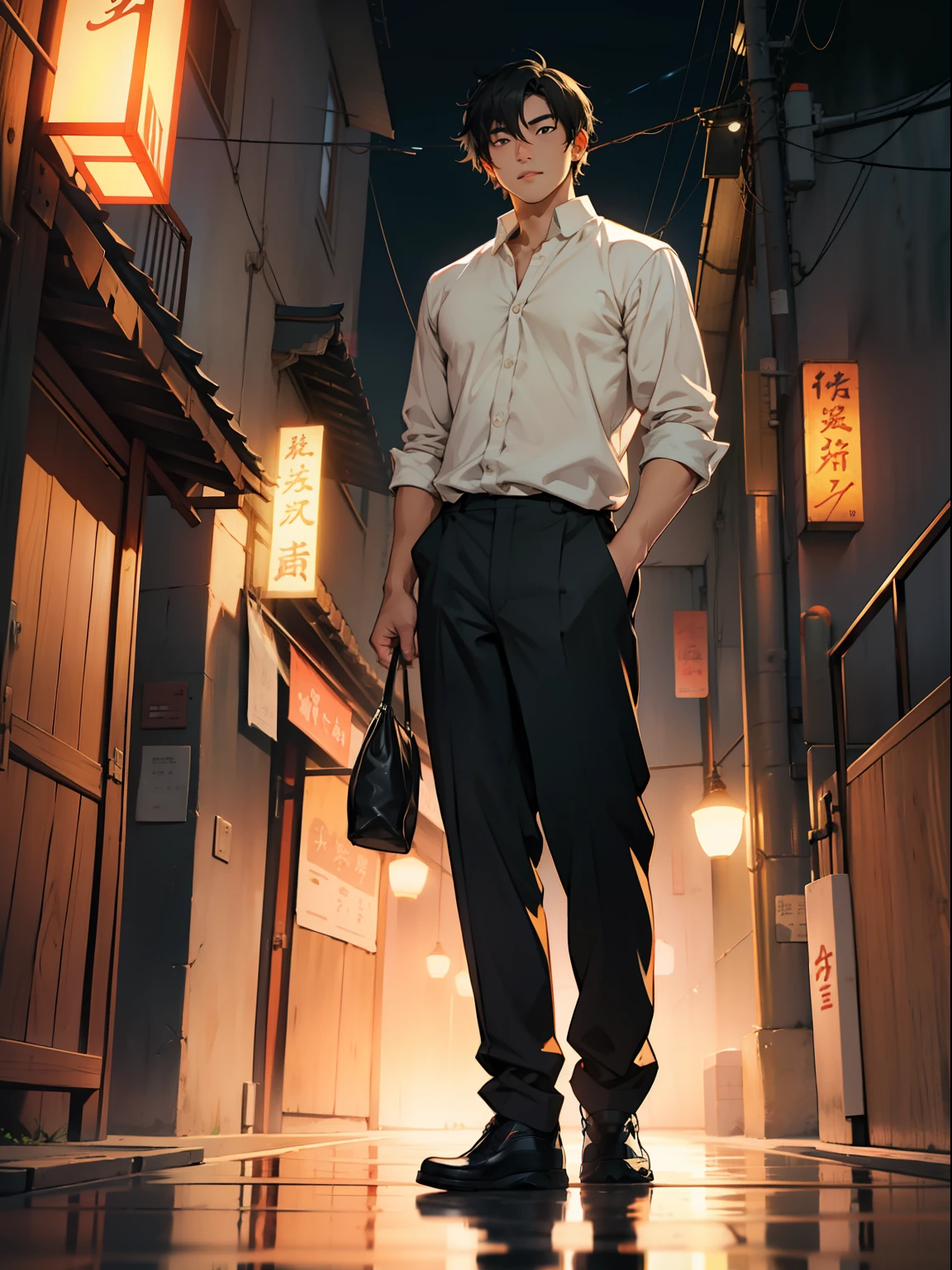of a guy,Douluo,with short black hair,standing on your feet,the night