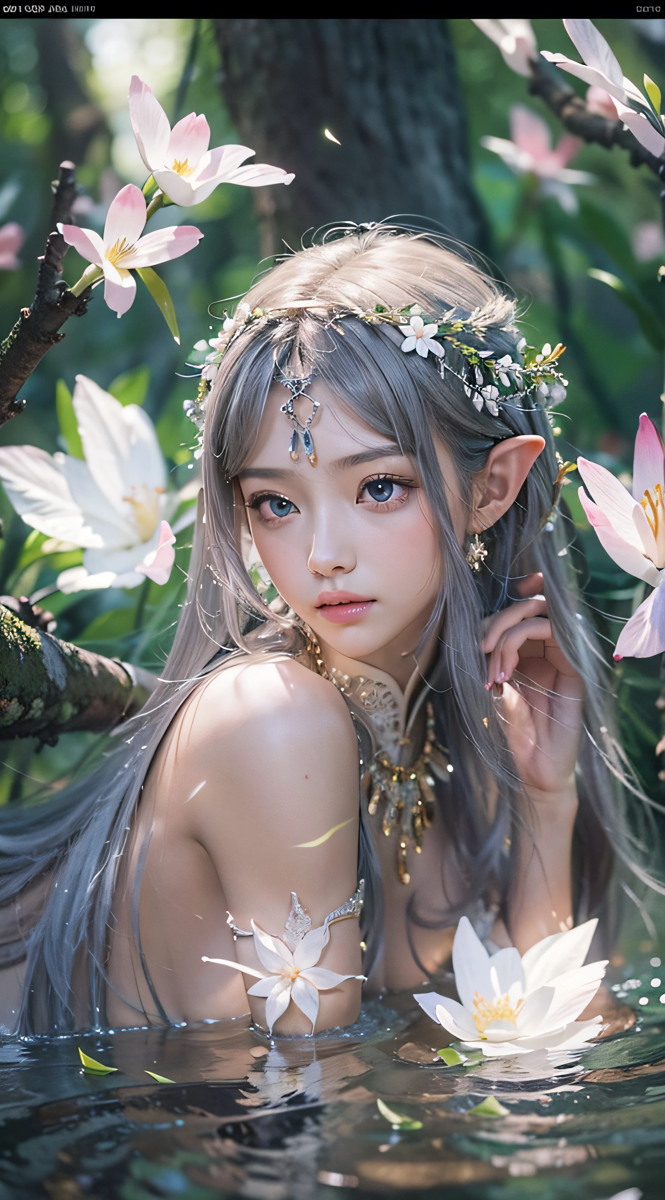 Natural elements with a forest theme、natta、Mysterious Night Forest、beautiful forest、clear stream、small stream、firefly、fireflys、naturey、Delicate leaves and branches surrounded by flowers(nature elements)、(Particle effect)、elf princess，the woods，Platinum Hair Accessories，(Photorealistic:1.4), (masutepiece, side lights, fine detailed beautiful eyes: 1.2), masutepiece*Portrait, Realistic, The face is delicate, Glowing eyes, Shiny hair, Glossy glossy skin, Solo, embarrassed from, (Midriff),（super-fine），Detailed pubic hair，acurate，（Works of masters），（best qualtiy），8K分辨率、dynamic viewing angle，No clothes, Perfect nudity, Legs spread, SEX, random provocative poses, beastly pose,